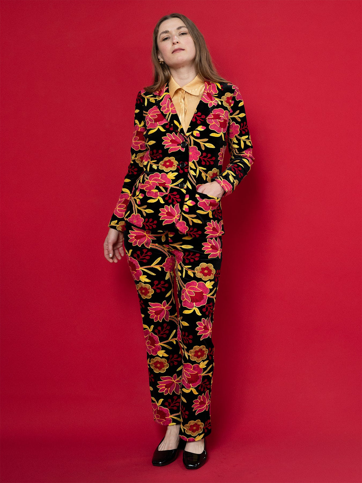 AUDREY pant Embroidered Velvet Pink - Lesley Evers-audrey-Black-Bottoms