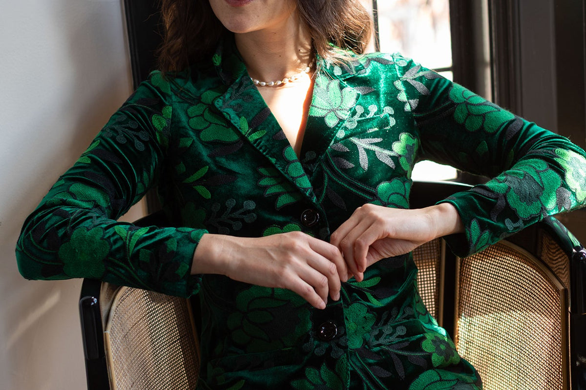 BRITT blazer Embroidered Velvet Green - Lesley Evers-Jacket-Shop-Shop/All Products