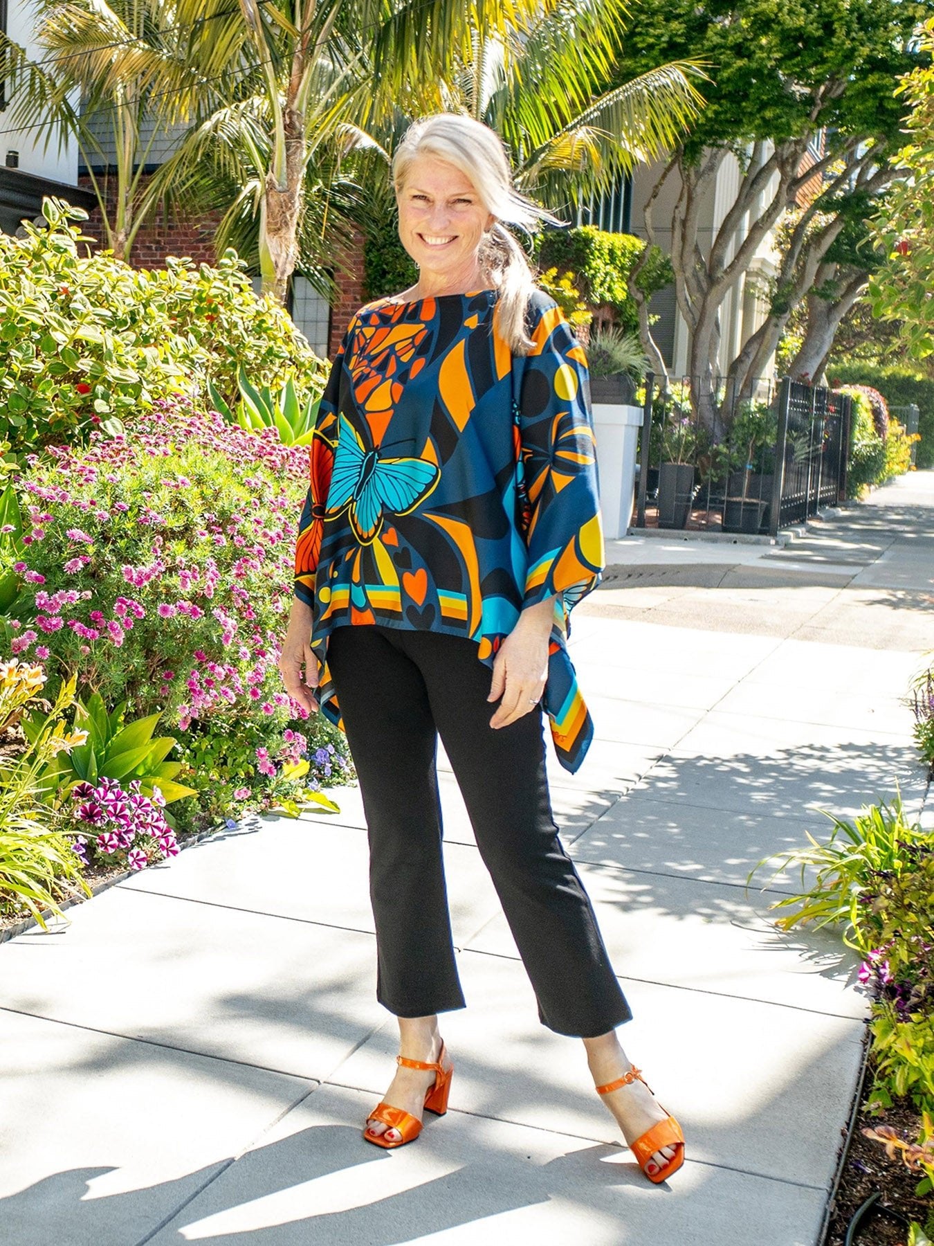 CELESTE silk top Serendipity Orange and Navy - Lesley Evers-bonanza-bonanza black-bonanza multi