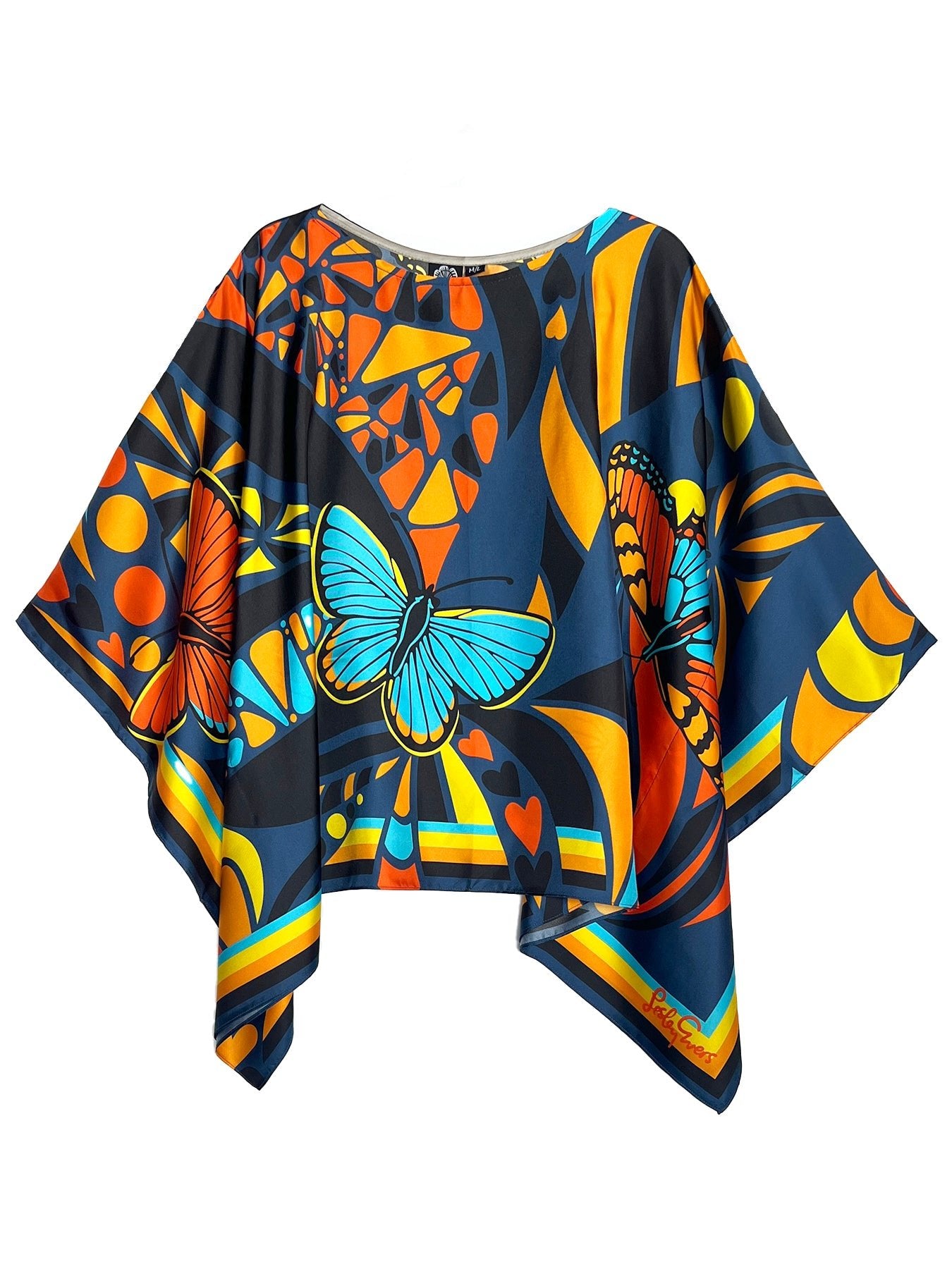 CELESTE silk top Serendipity Orange and Navy - Lesley Evers-bonanza-bonanza black-bonanza multi