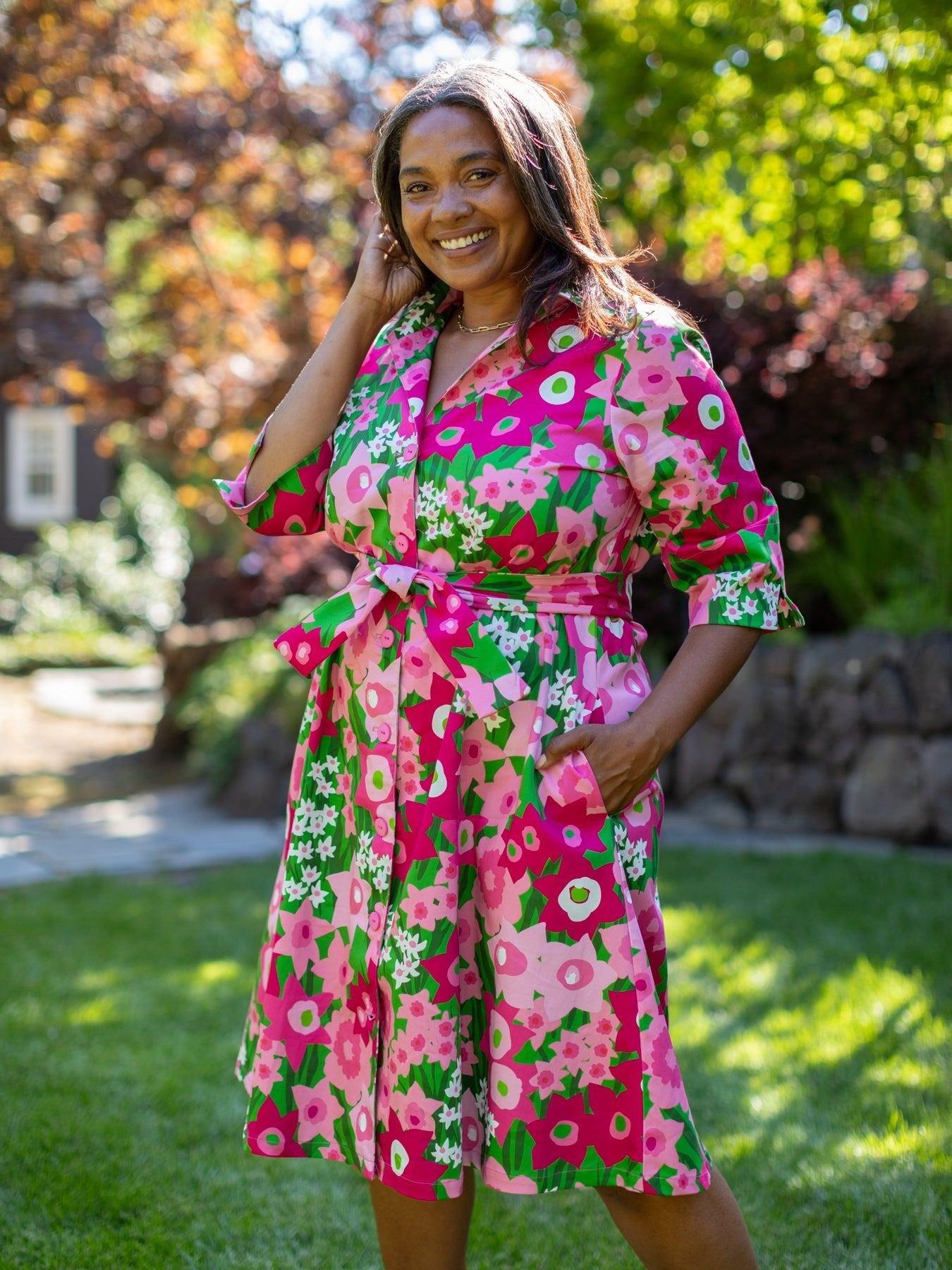 CLEMENTINE shirtdress Daffodils Pink and Green - Lesley Evers - A - line - Clementine - Dress