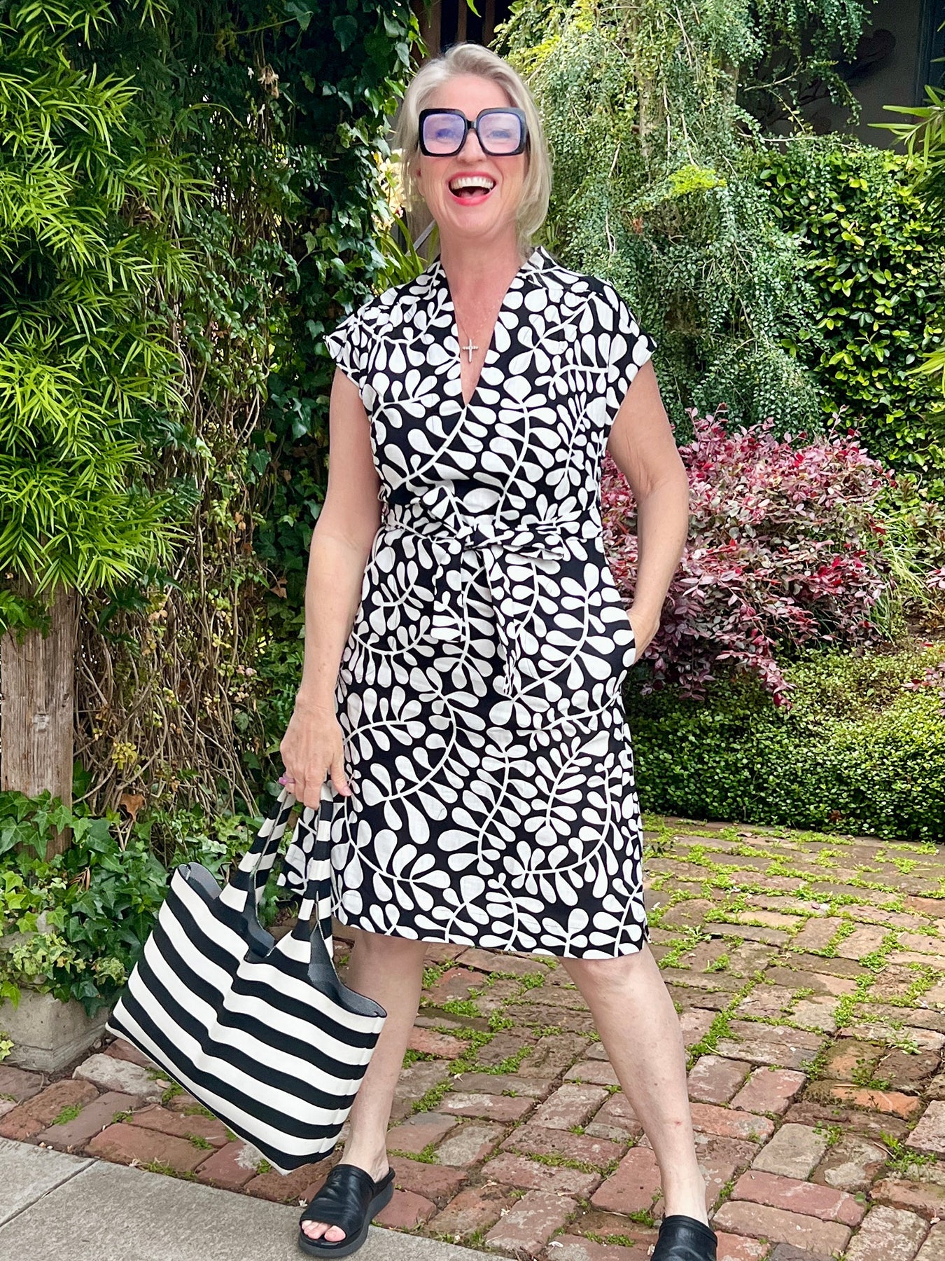 ELAINE dress Black and White Fern - Lesley Evers-blue dress-cotton dress-cotton slub dress