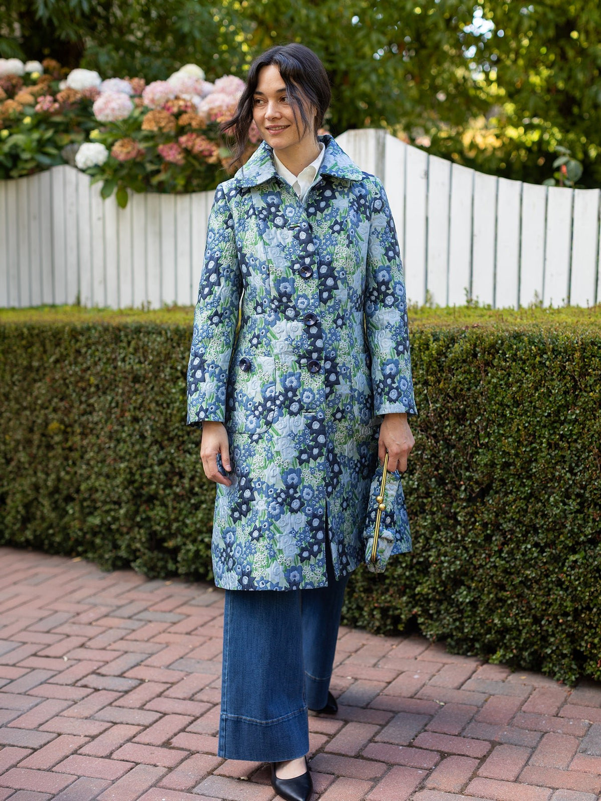 ELEANOR coat Daffodils Blue - Lesley Evers-coat-gown-lined coat