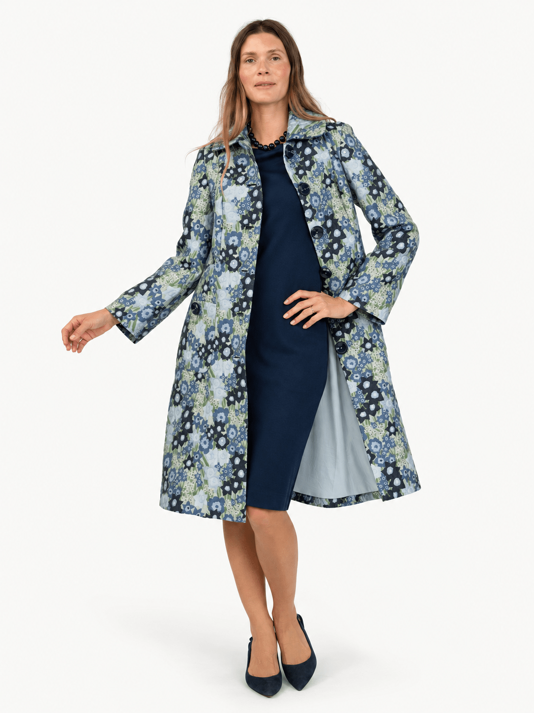 ELEANOR coat Daffodils Blue - Lesley Evers-coat-gown-lined coat