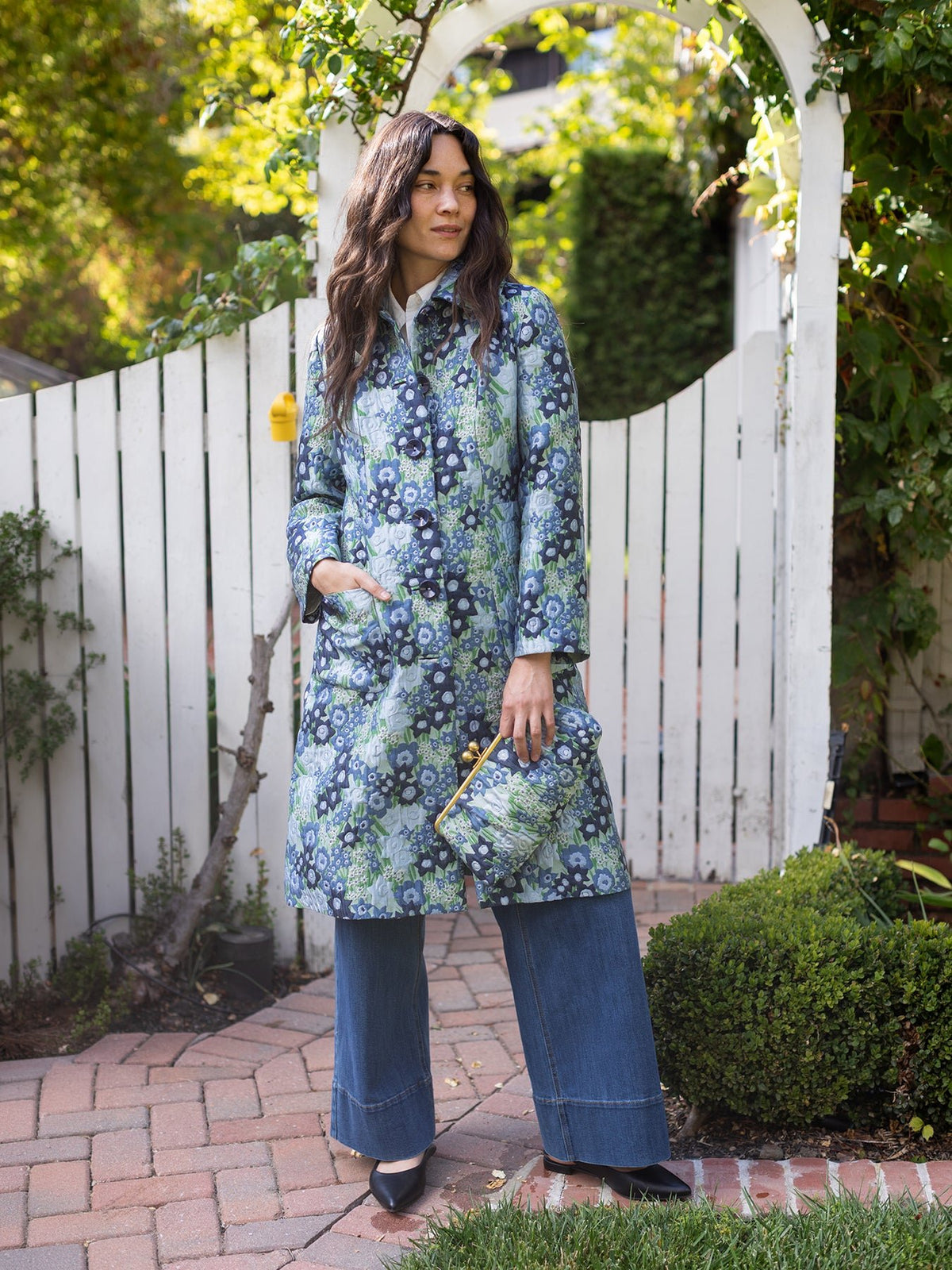 ELEANOR coat Daffodils Blue - Lesley Evers-coat-gown-lined coat