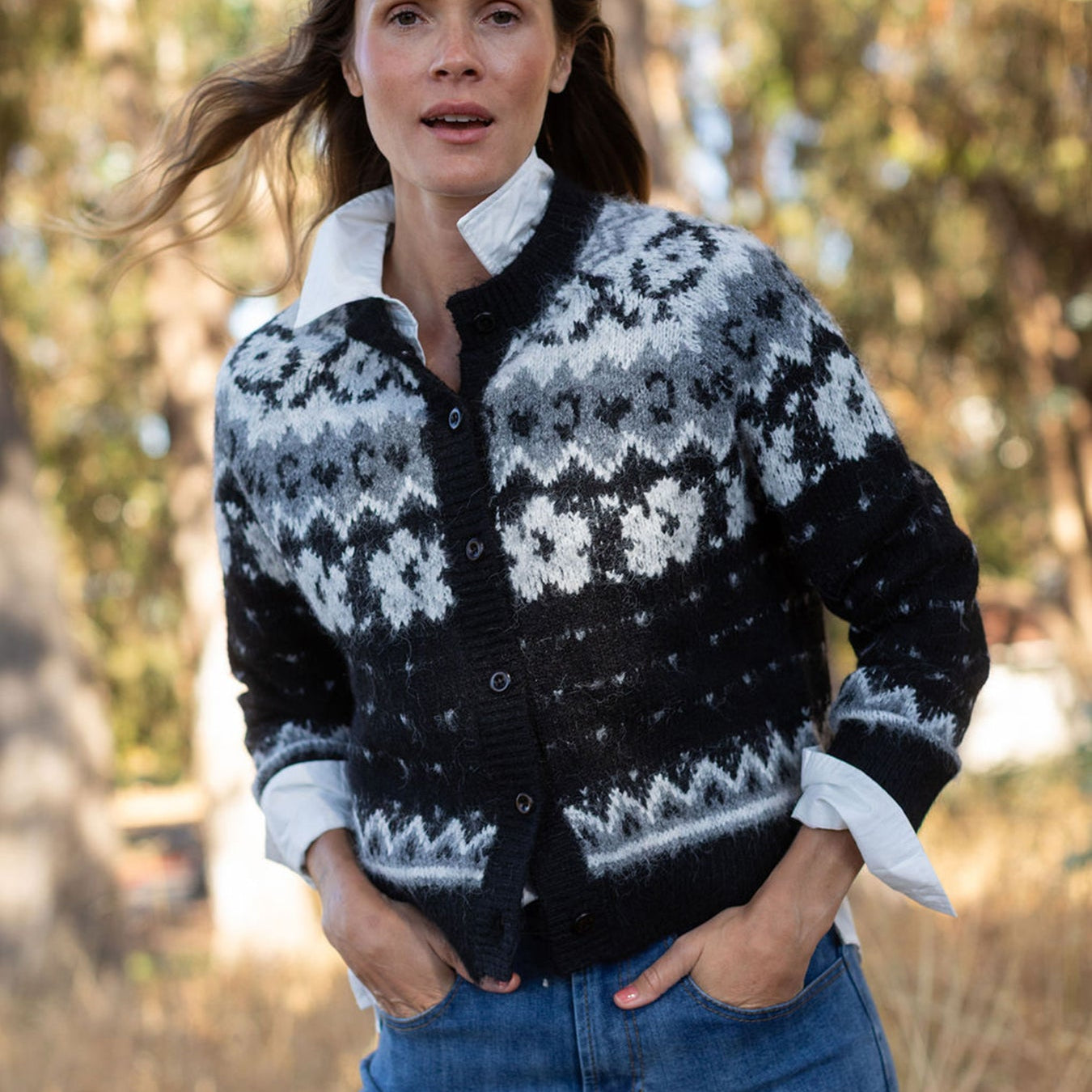 HAZEL fair isle cardigan Black - Lesley Evers-cardigan-dinner with friends-emma