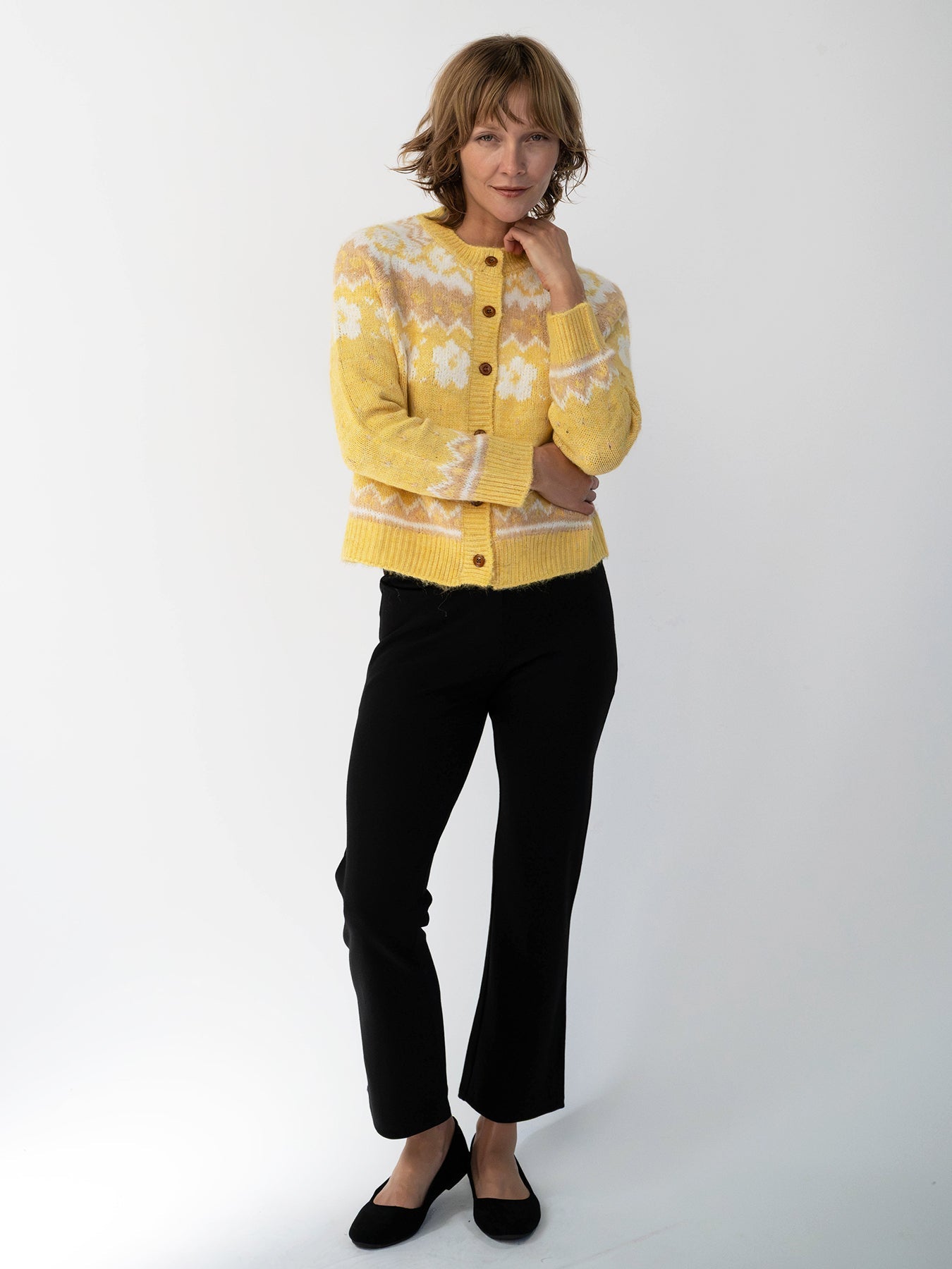 HAZEL Fair Isle cardigan Yellow - Lesley Evers-cardigan-dinner with friends-emma