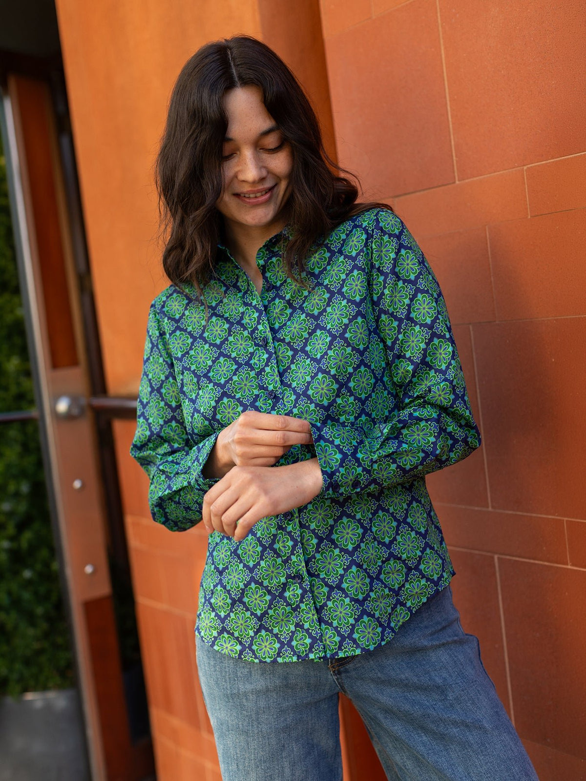 KATHRYN blouse Talavera Navy and Green - Lesley Evers-Bird Collection-birds-Catherine