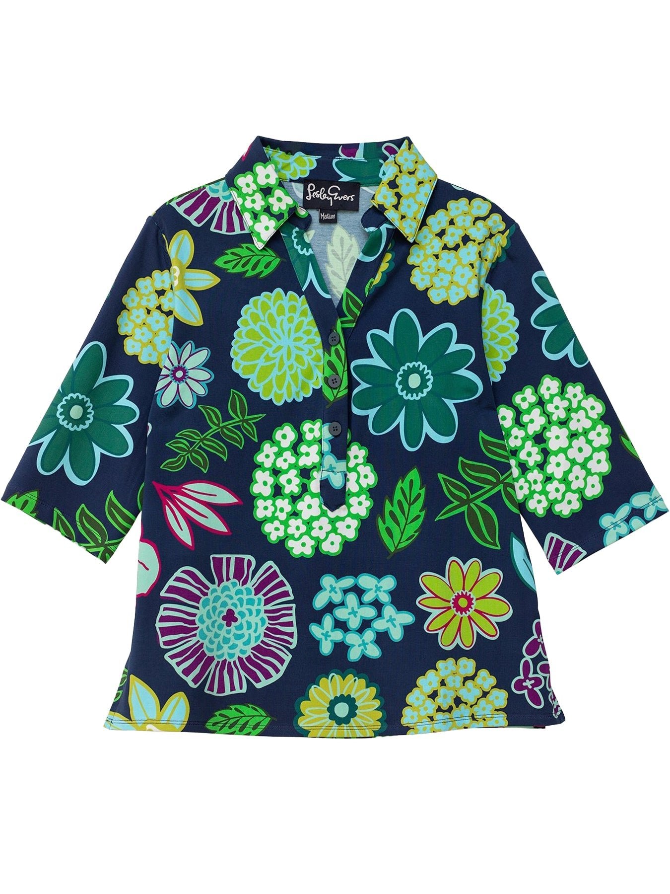 KIMMY top Dazzle Flower Navy - Lesley Evers - Button Top - clothing - colorful