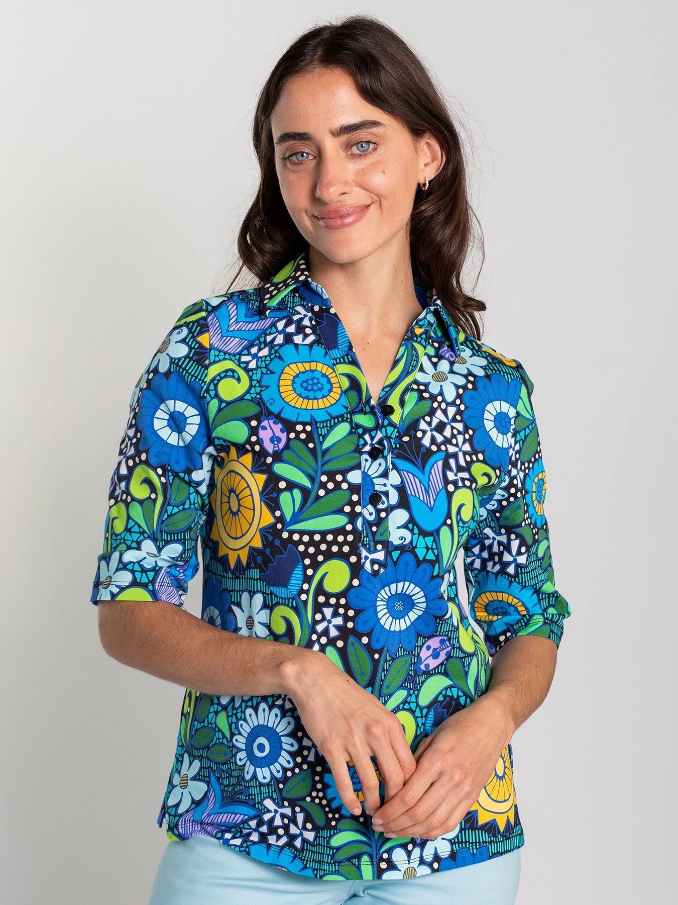 KIMMY top Sunshine Blue - Lesley Evers - Button Top - clothing - colorful