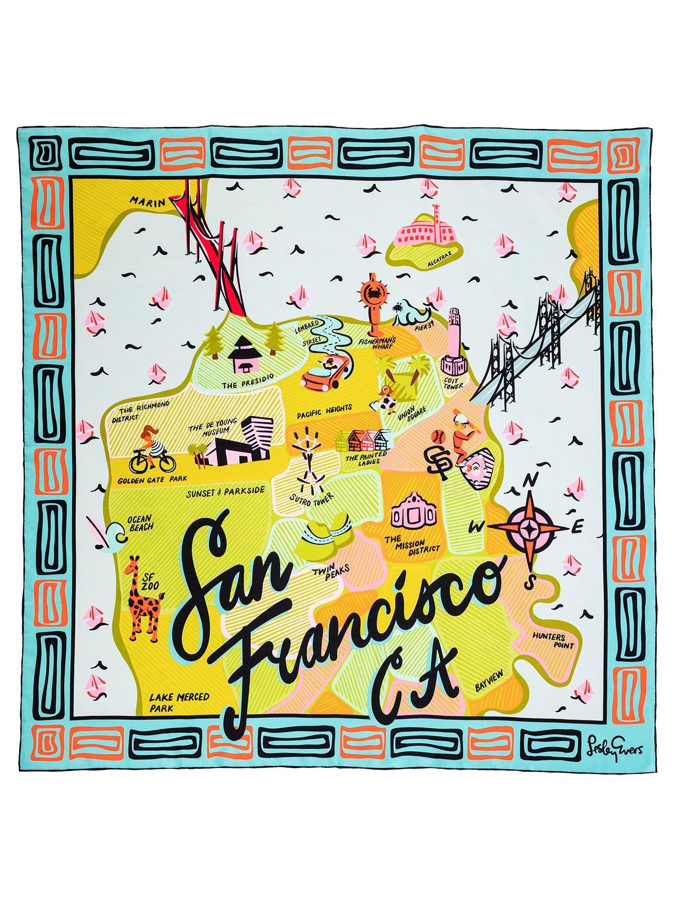 LILLIAN silk twill scarf Map of San Francisco - Lesley Evers - Accessories - cotton silk - scarf