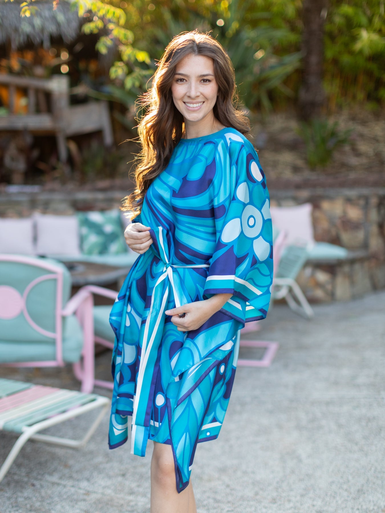 SERENA silk caftan Flowerland Blue - Lesley Evers - kaftan - magenta - pink dress