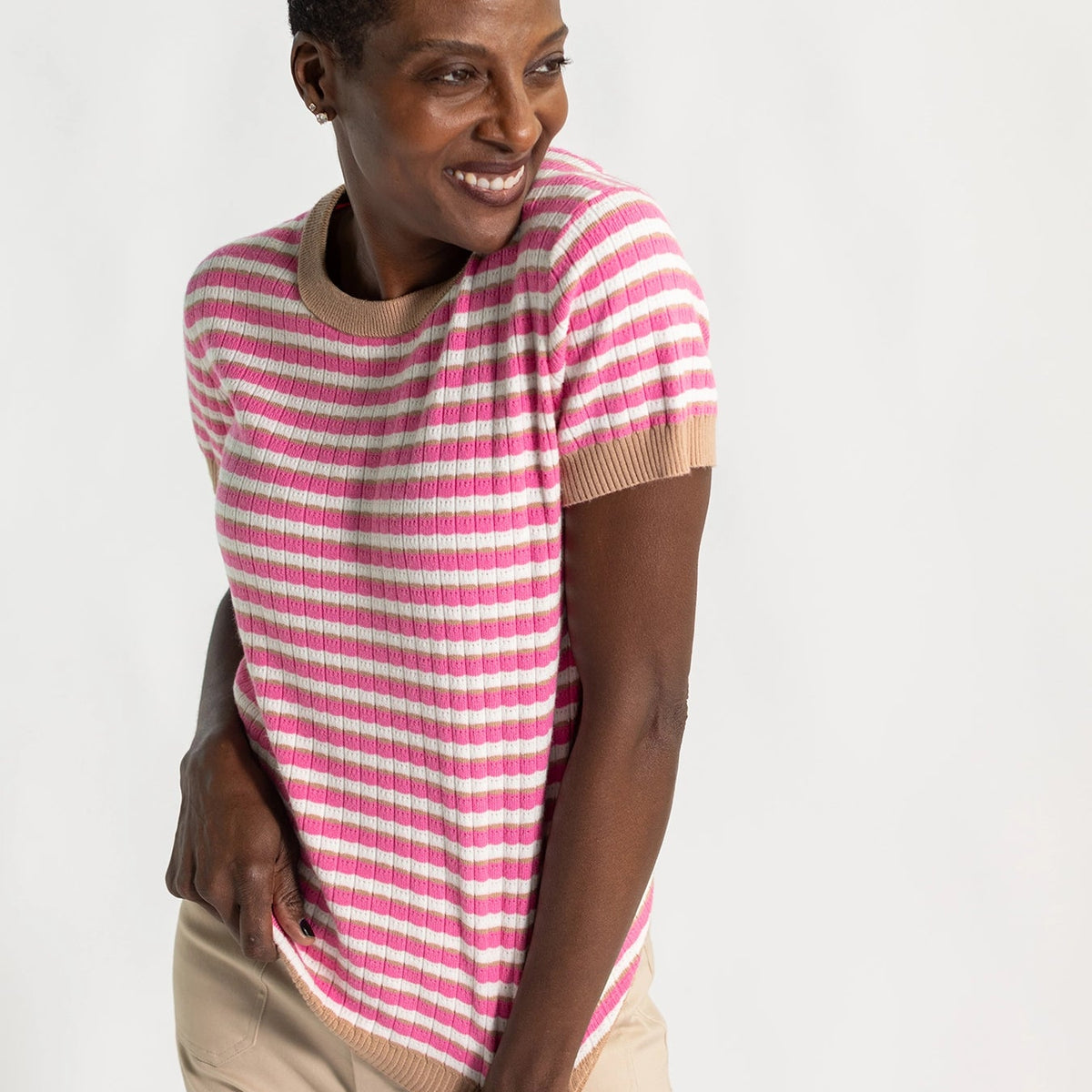 SKYLAR knit top Pink and Khaki – Lesley Evers