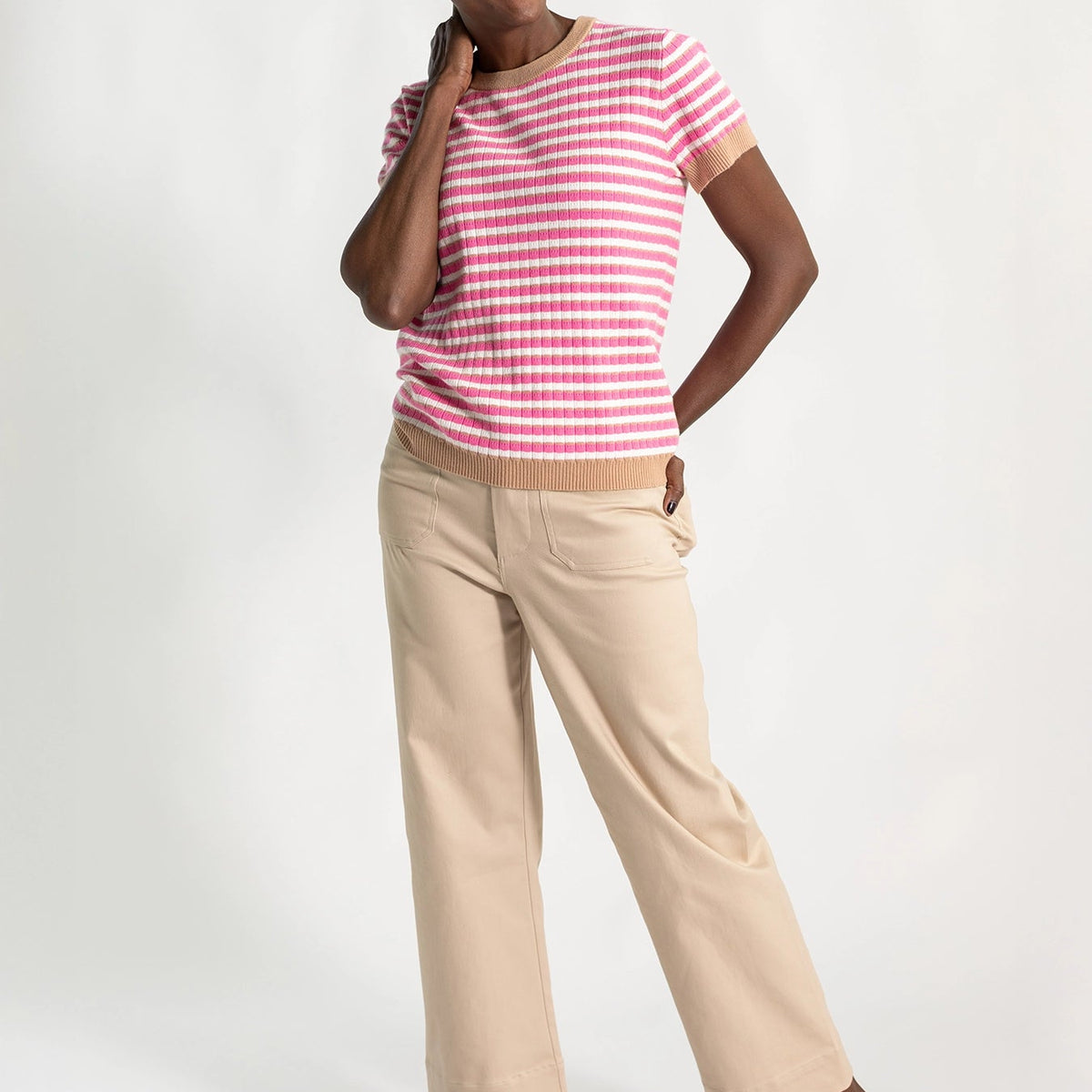 SKYLAR knit top Pink and Khaki – Lesley Evers