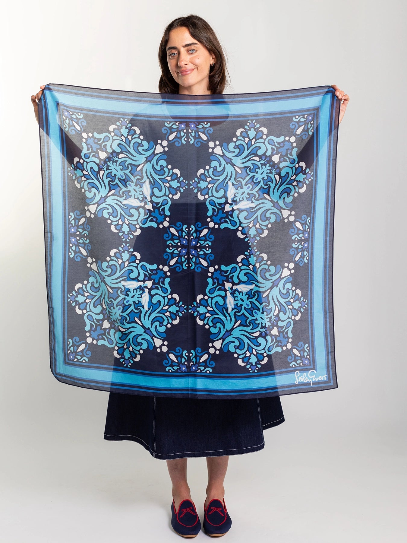 THEA scarf Perched Blue - Lesley Evers - Accessories - cotton silk - gifts under $75