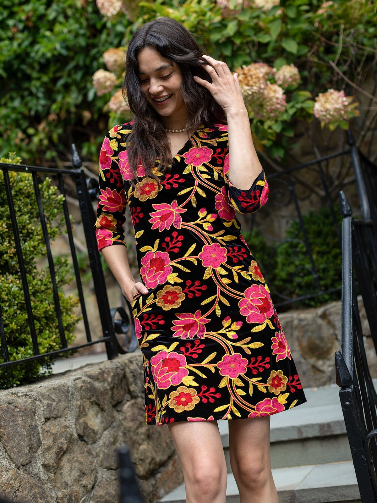 VERONICA dress Embroidered Velvet Pink - Lesley Evers-Black-Dress-Shop