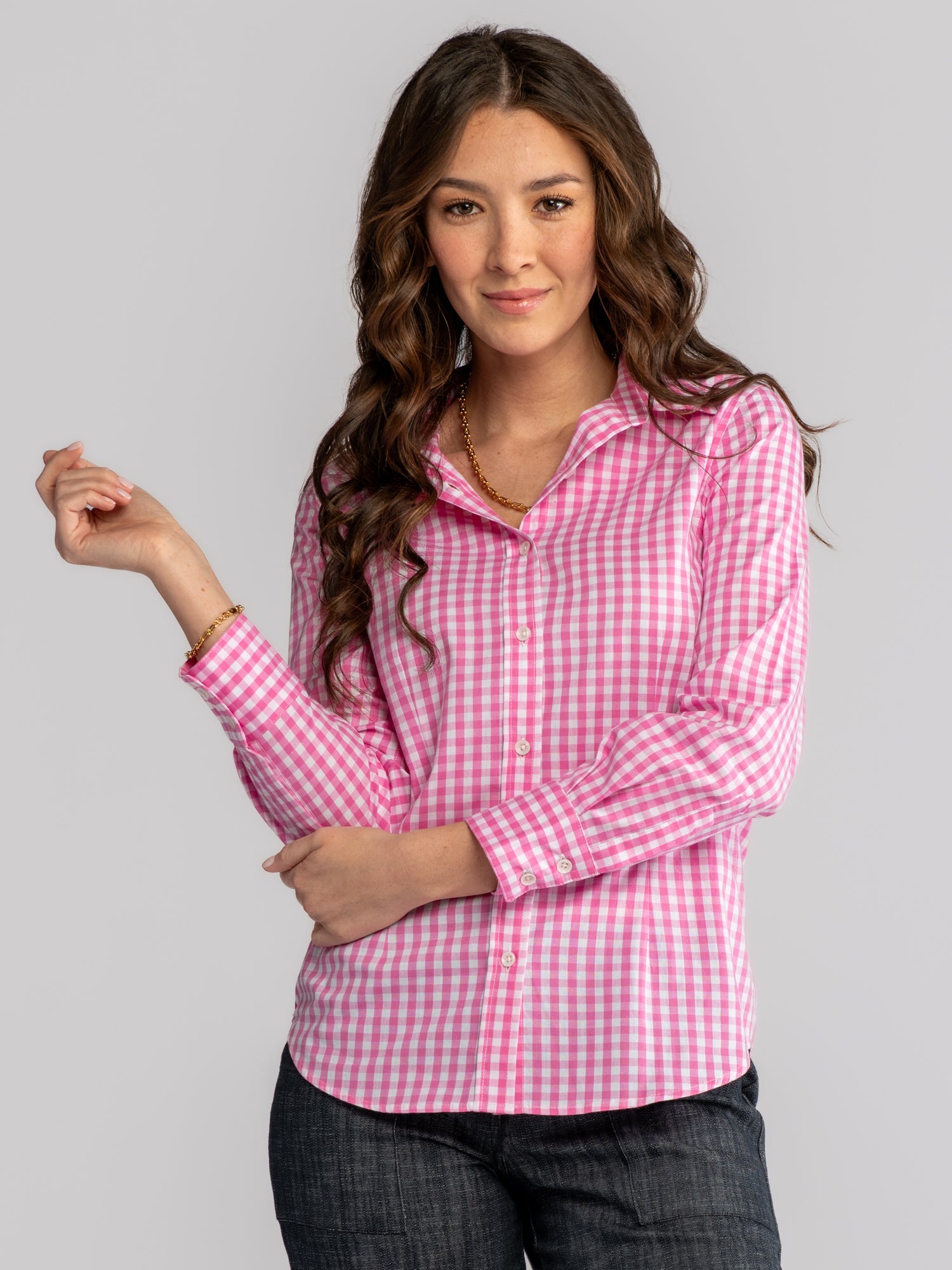 KATHRYN blouse Pink Gingham - Lesley Evers-blouse-garden oasis pink 1-Gingham