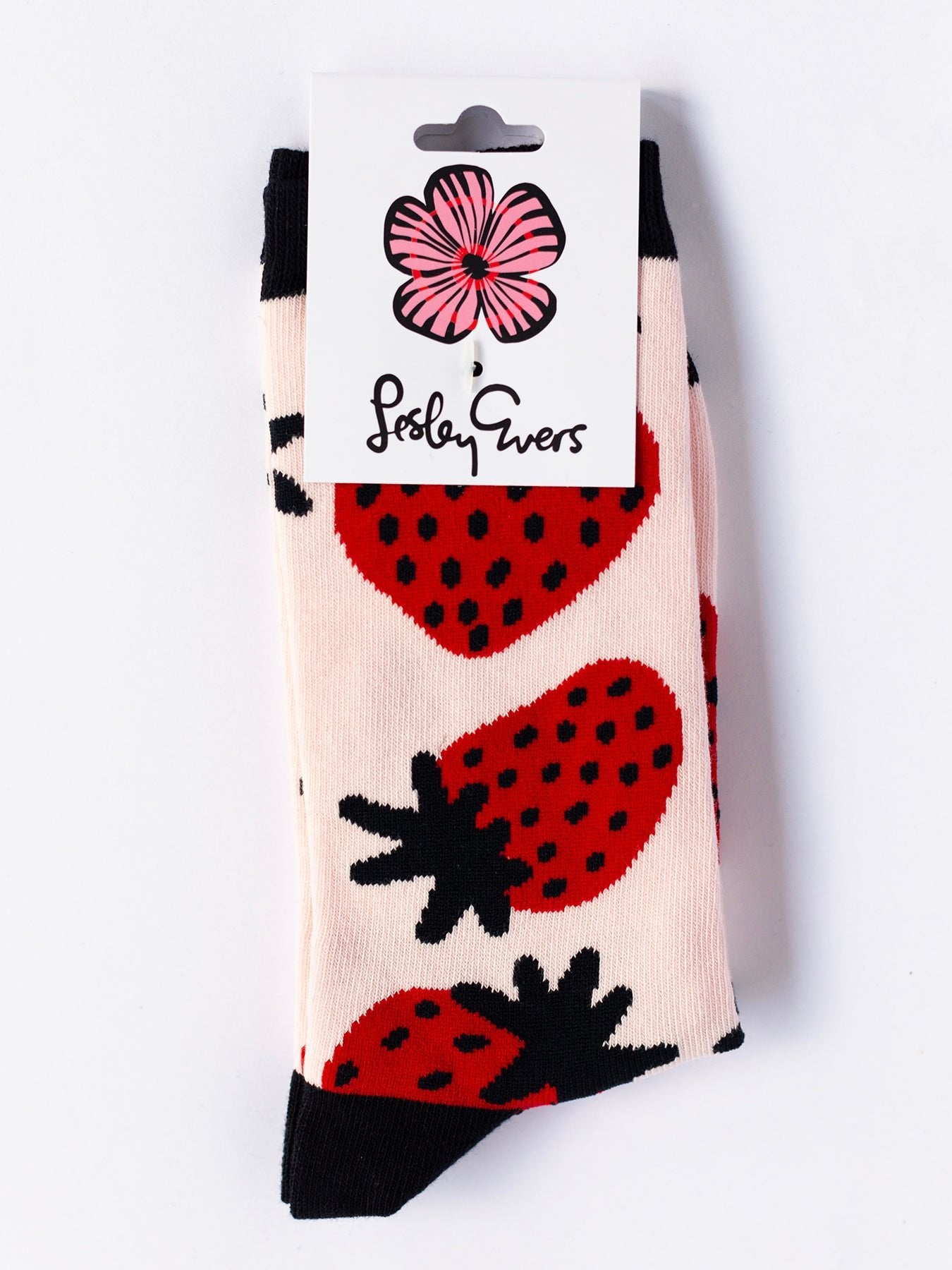 SOCKS Strawberries Black - Lesley Evers-colorful socks-crew socks-fun socks
