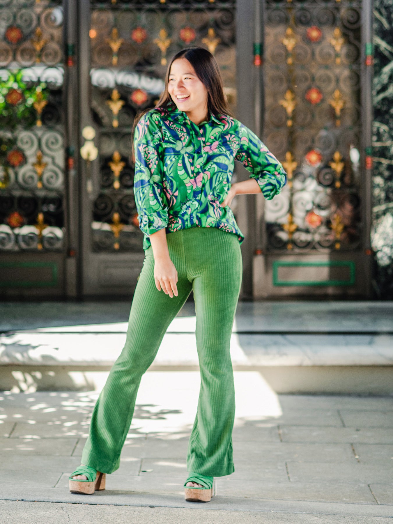 Corduroy Elastic Waist Pants Green Corduroy Bell Bottoms