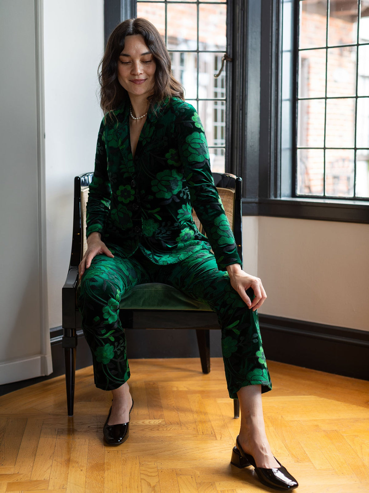AUDREY pant Embroidered Velvet Green - Lesley Evers-audrey-Black-Bottoms