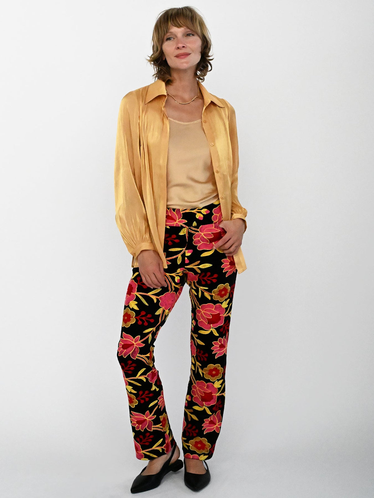 AUDREY pant Embroidered Velvet Pink - Lesley Evers-audrey-Black-Bottoms