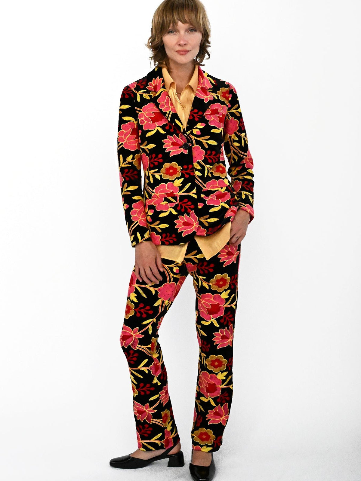 AUDREY pant Embroidered Velvet Pink - Lesley Evers-audrey-Black-Bottoms