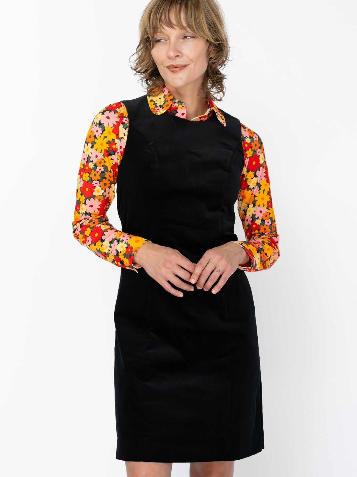 BEATRICE dress Black Corduroy - Lesley Evers-cotton dress-Dress-Printed Dress