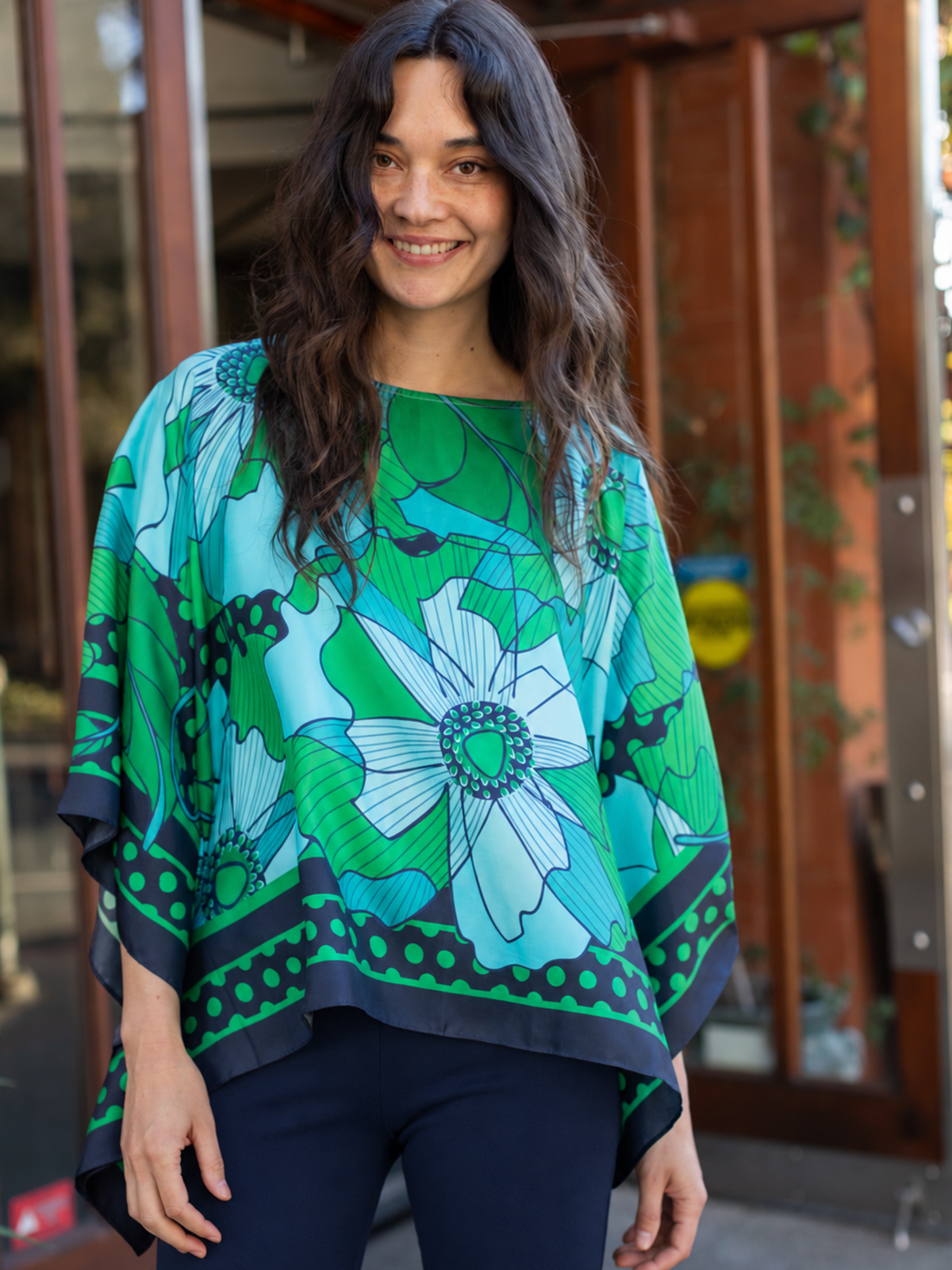 CELESTE silk top Wild Bloom Navy - Lesley Evers-celeste-chic silk-pinwheel