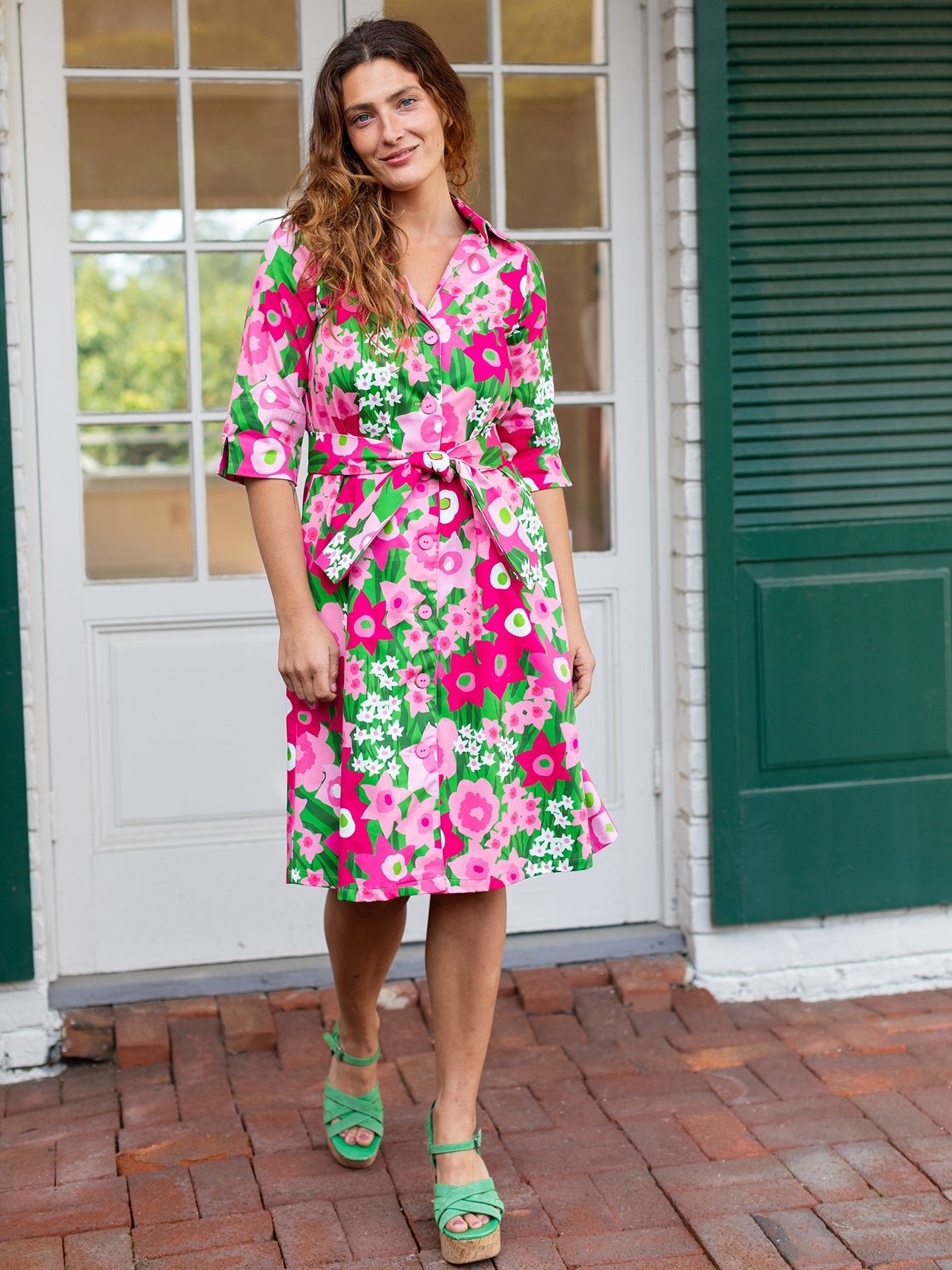 CLEMENTINE shirtdress Daffodils Pink and Green - Lesley Evers - A - line - Clementine - daffodils pink and green