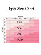 “Tights Size Chart showing size recommendations based on height and weight. Height ranges from 5 feet to over 6 feet across the top, and weight ranges from 90 to 250 pounds along the side. The chart is color-coded in shades of pink. Size T/XS fits heights from about 5′4″ to 5′7″ and weights up to around 130 pounds. Size S/M fits mid-range heights and weights from about 140 to 170 pounds. Size L/XL fits around 170 to 200 pounds, and size 1X/2X fits from about 200 to 250 pounds across all heights.”