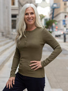 CORA henley tee Dark Olive Rib - Lesley Evers - Best Seller - Shop - Shop/All Products