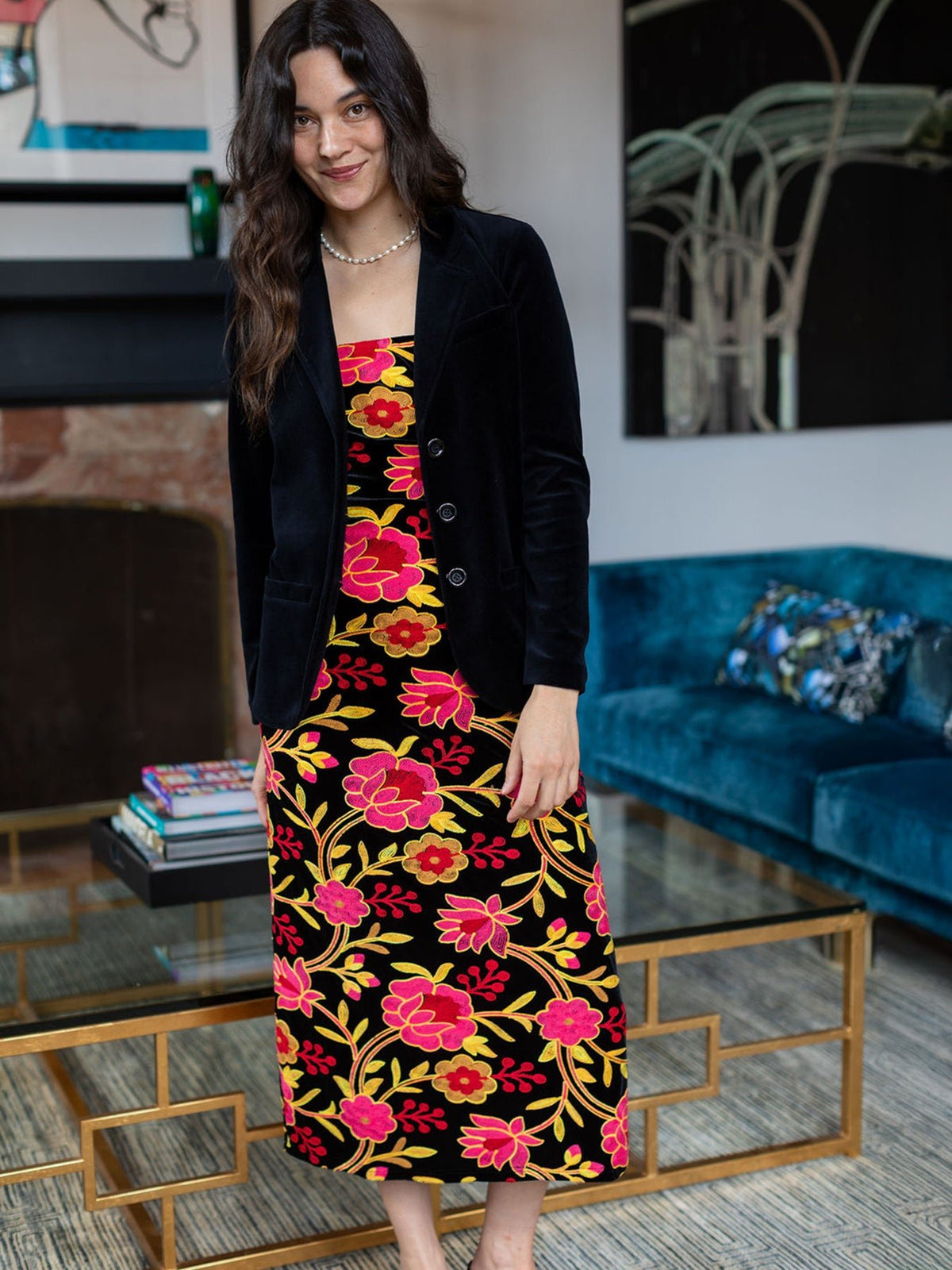 DANIKA dress Embroidered Velvet Pink - Lesley Evers-Black-Dress-Shop