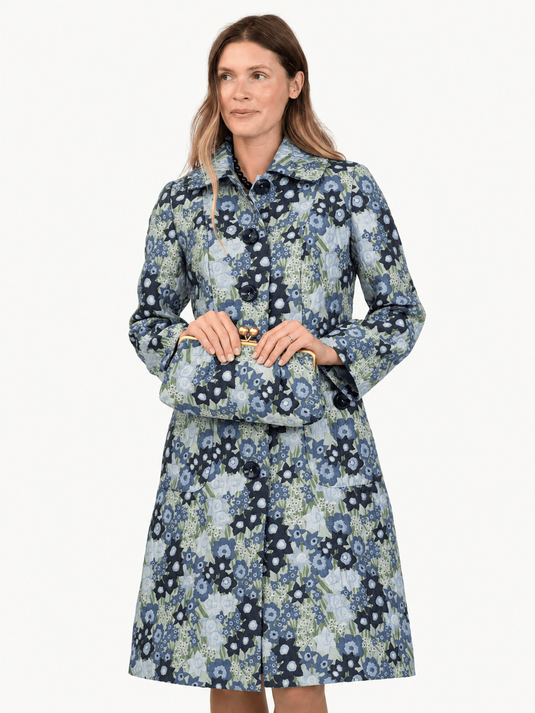 ELEANOR coat Daffodils Blue - Lesley Evers-coat-gown-lined coat
