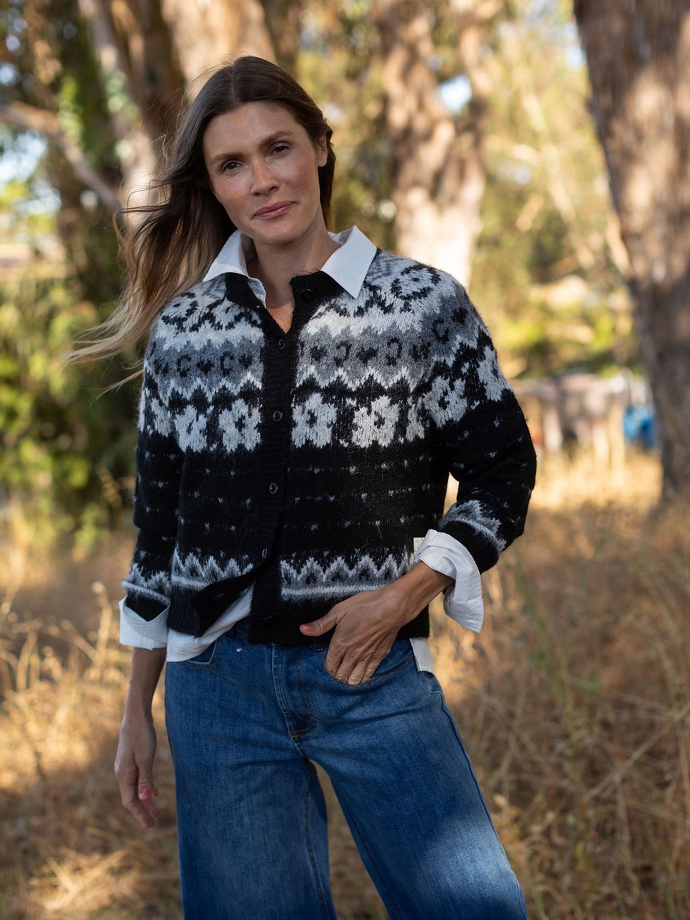 HAZEL fair isle cardigan Black - Lesley Evers-cardigan-dinner with friends-emma