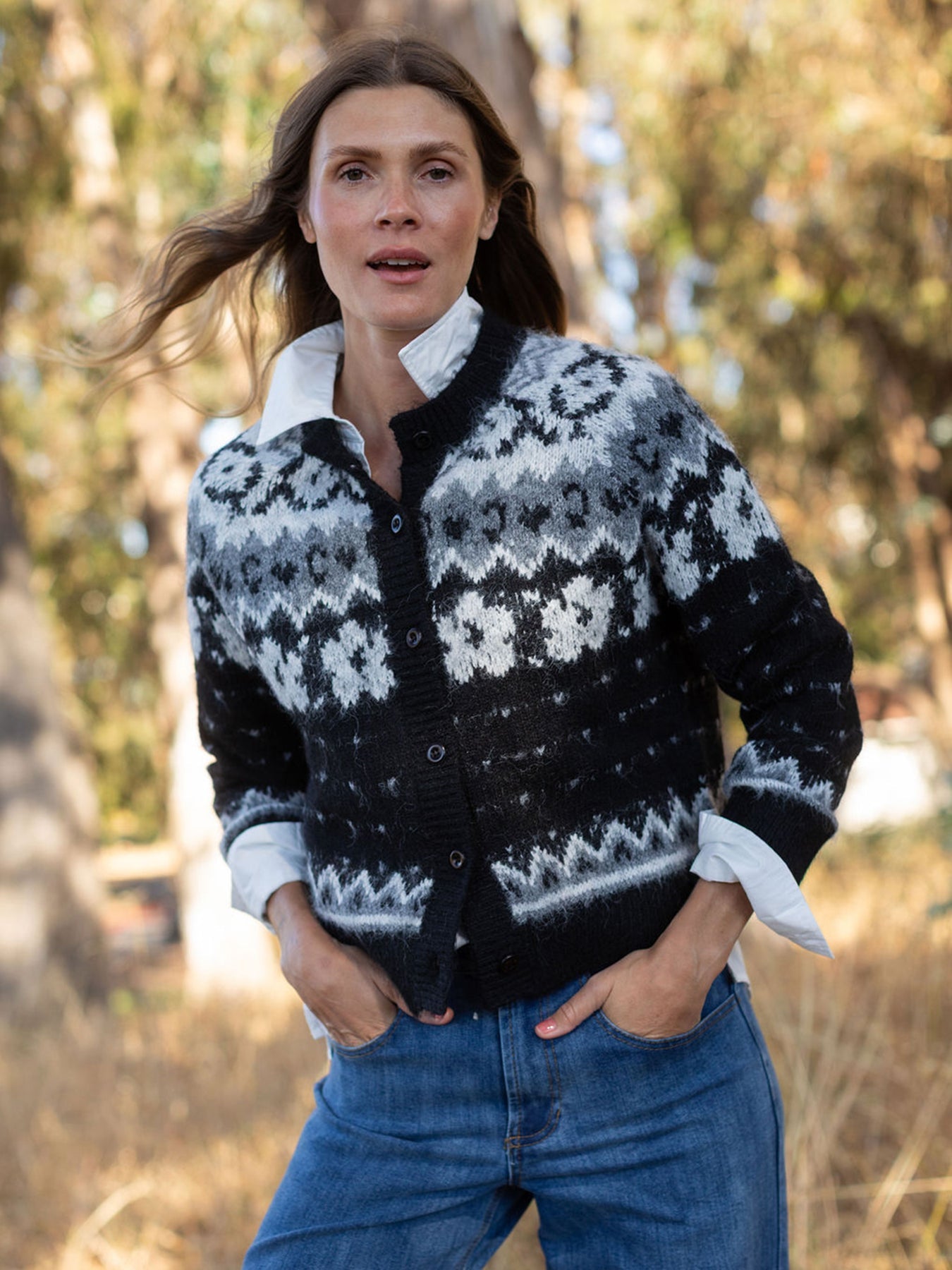 HAZEL fair isle cardigan Black - Lesley Evers-cardigan-dinner with friends-emma