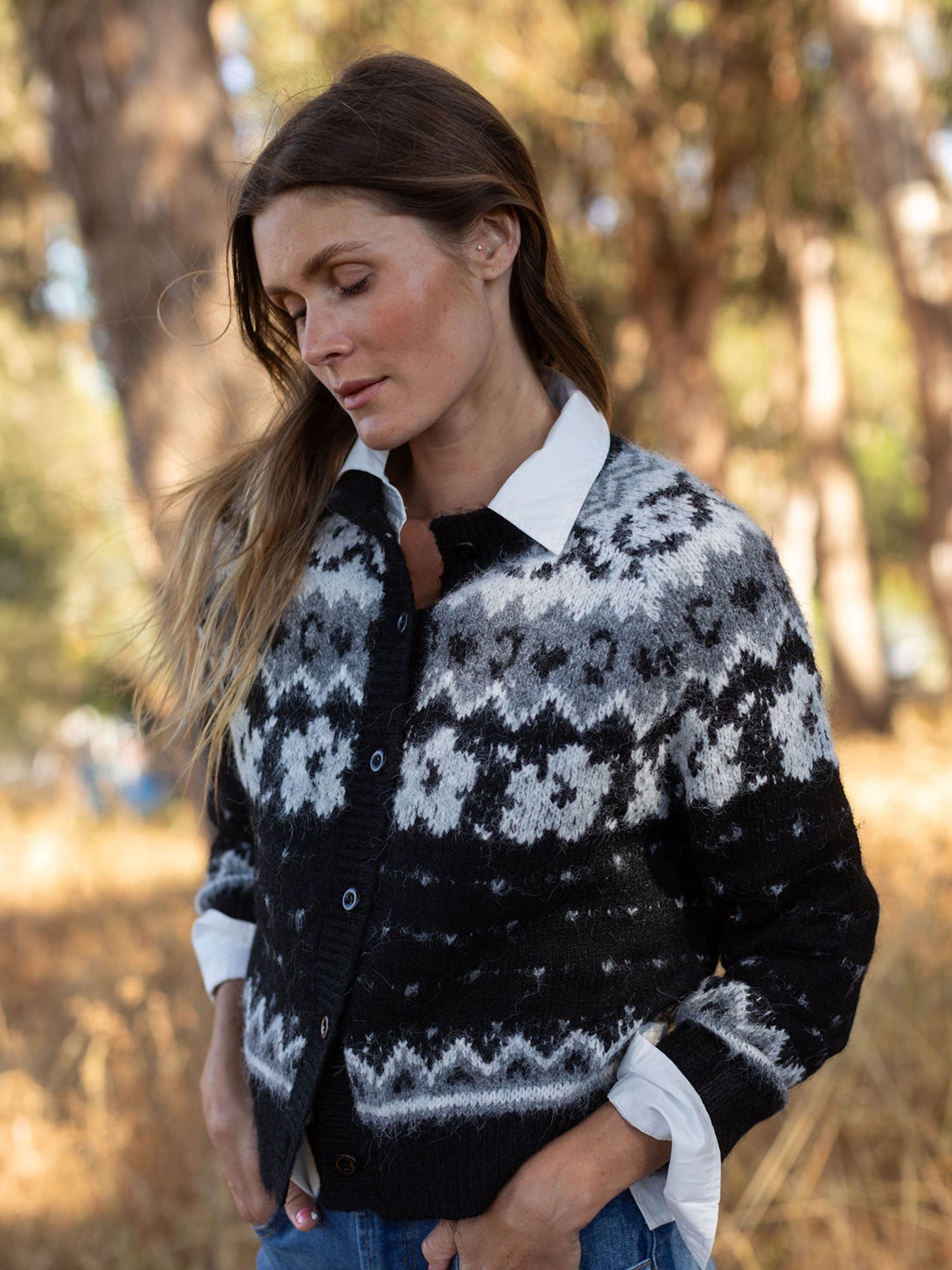 HAZEL fair isle cardigan Black - Lesley Evers-cardigan-dinner with friends-emma