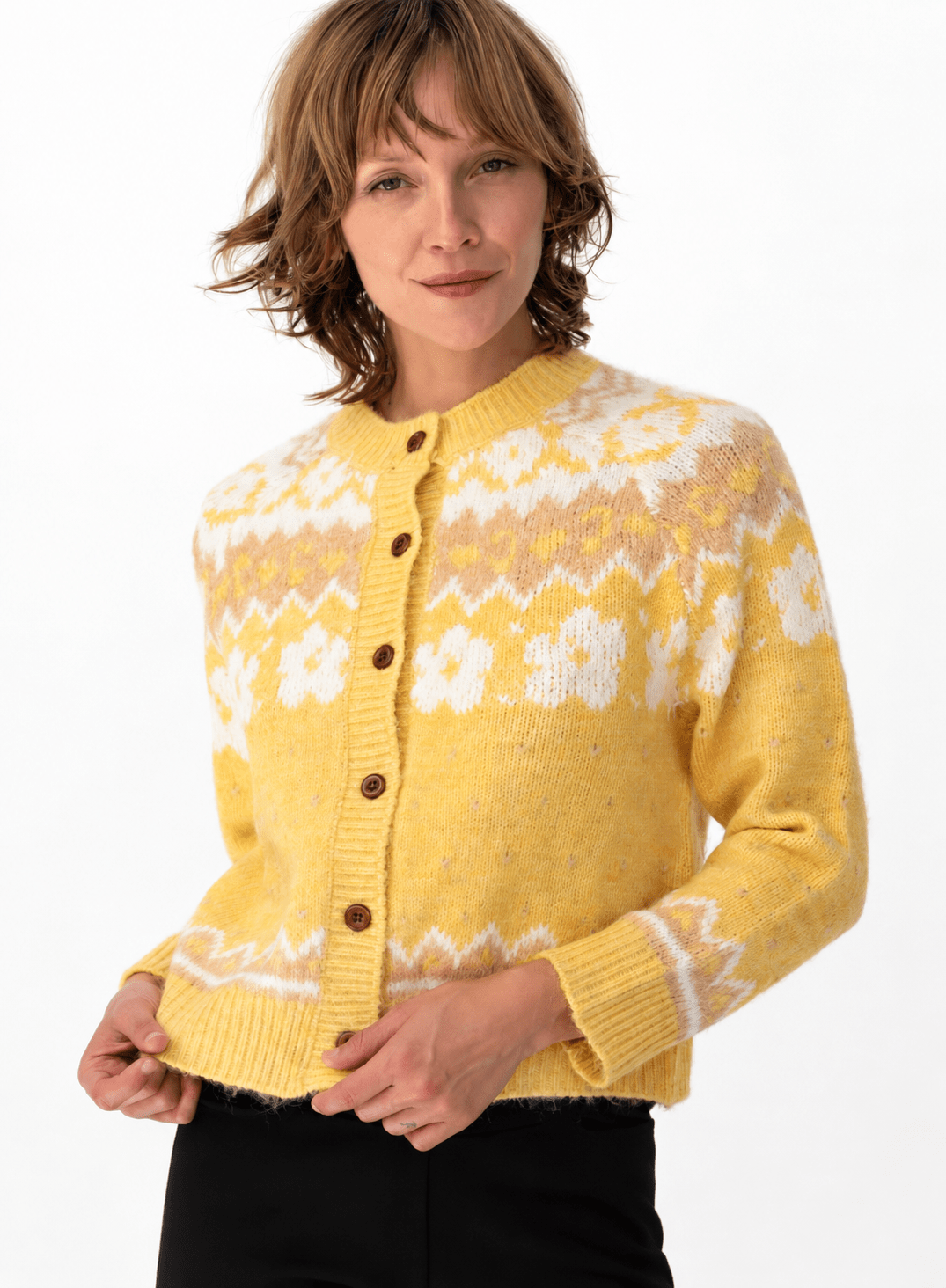 HAZEL Fair Isle cardigan Yellow - Lesley Evers-cardigan-dinner with friends-emma