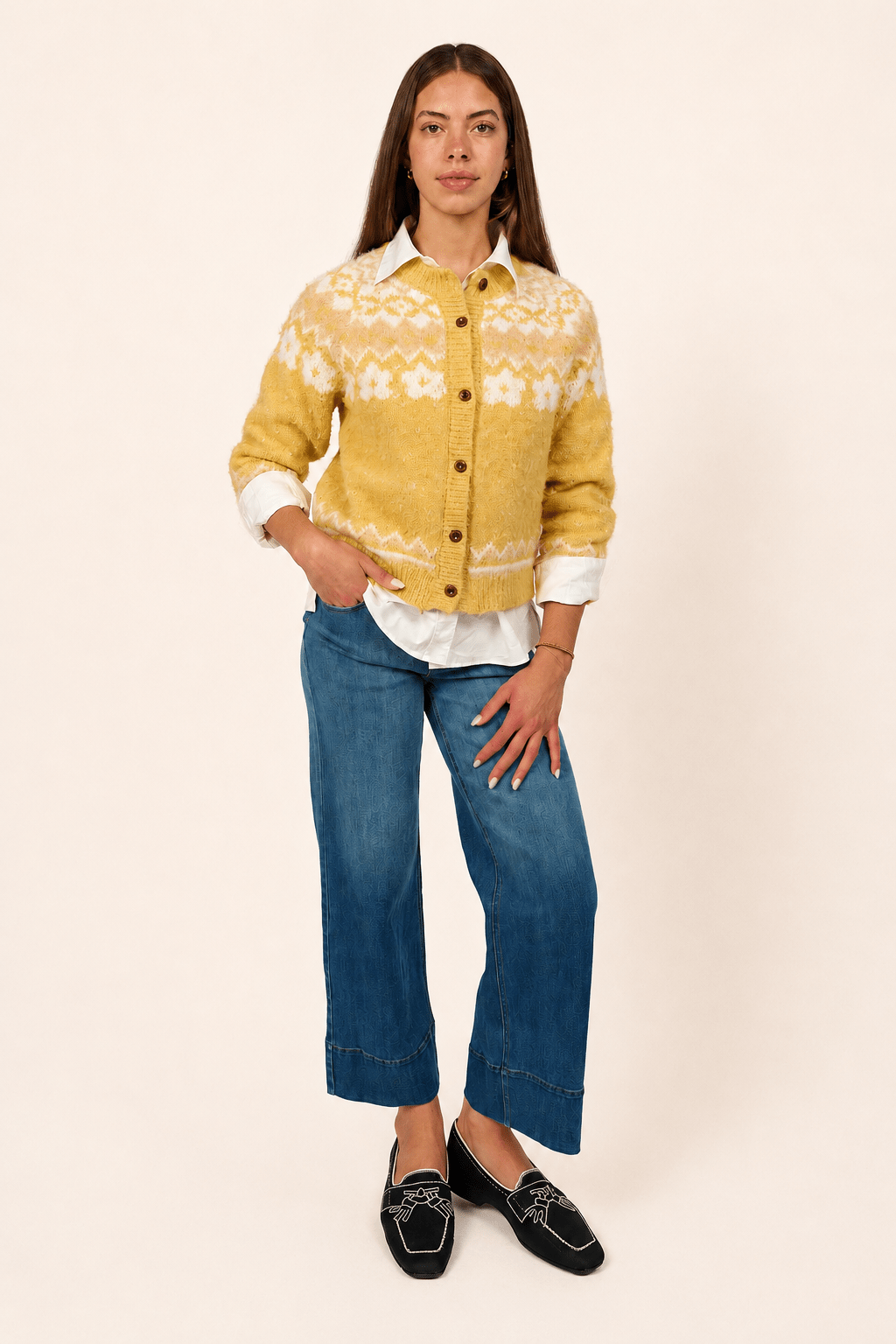 HAZEL fair isle cardigan Yellow - Lesley Evers-cardigan-dinner with friends-emma
