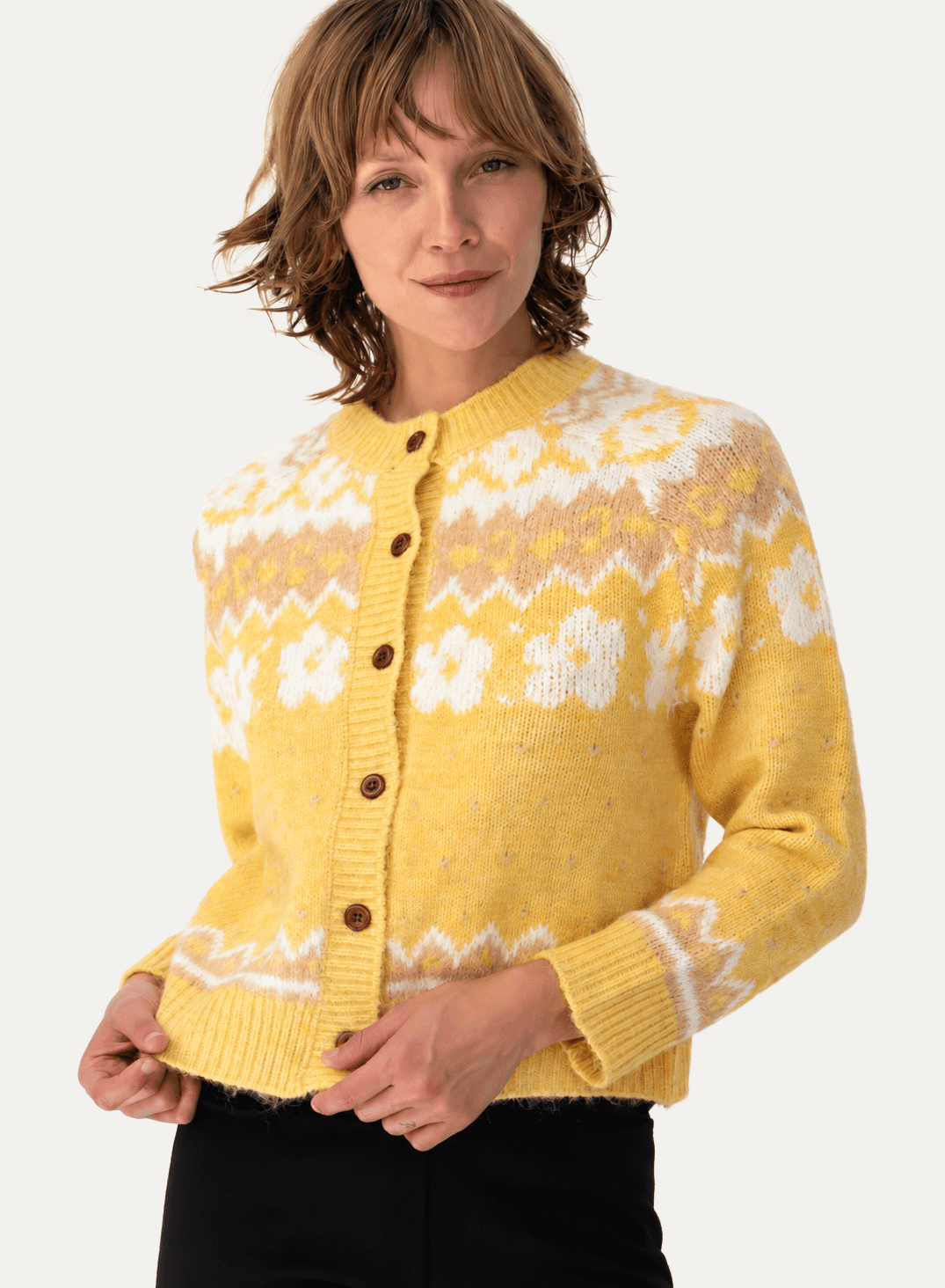 HAZEL Fair Isle cardigan Yellow - Lesley Evers-cardigan-dinner with friends-emma