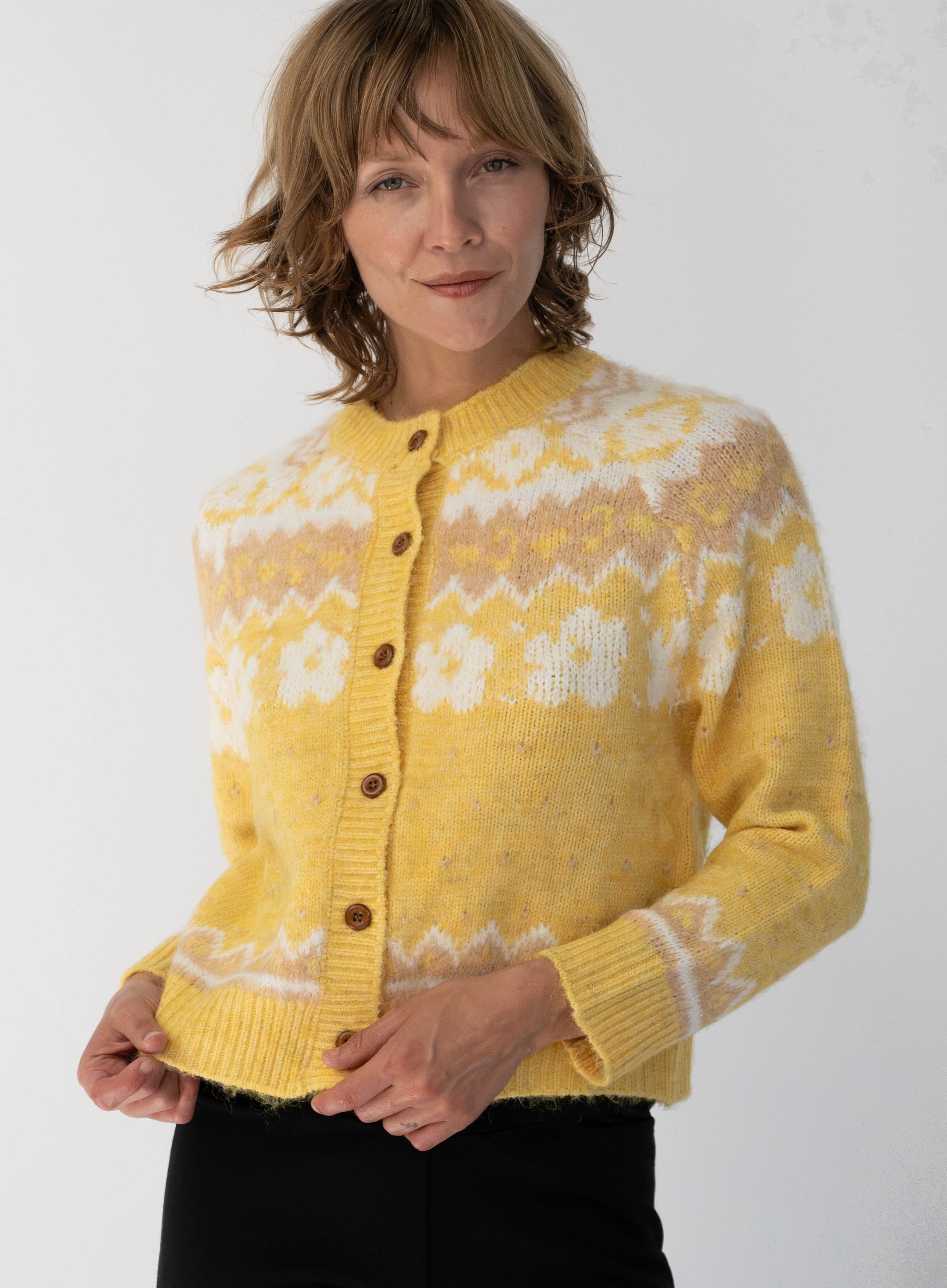 HAZEL Fair Isle cardigan Yellow - Lesley Evers-cardigan-dinner with friends-emma