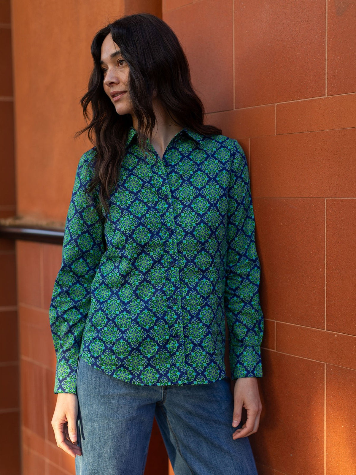 KATHRYN blouse Talavera Navy and Green - Lesley Evers-Bird Collection-birds-Catherine