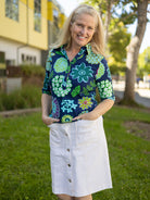 KIMMY top Dazzle Flower Navy - Lesley Evers - Button Top - clothing - colorful