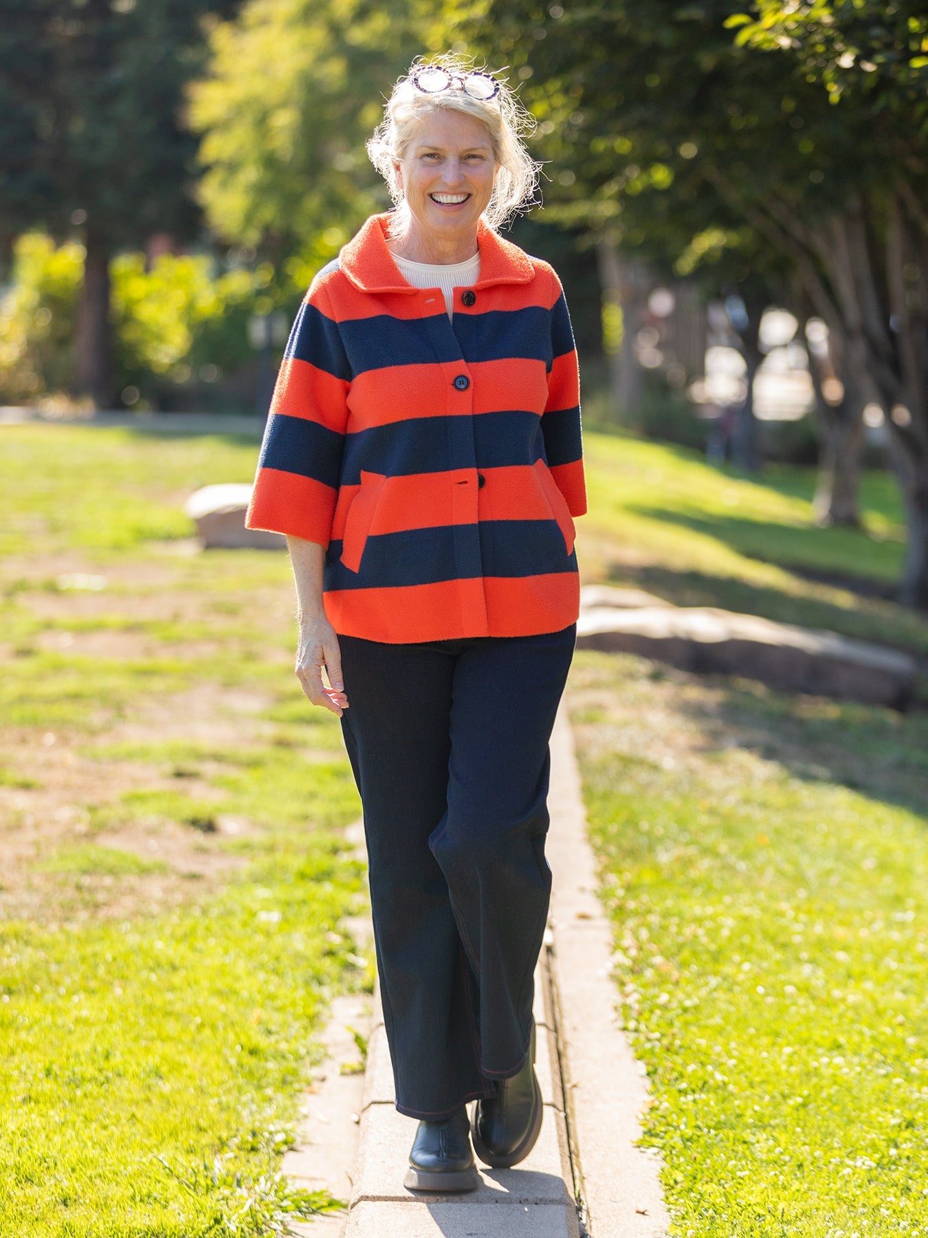 LIZZY coat Navy and Orange Stripe - Lesley Evers - coat - outerwear - Shop