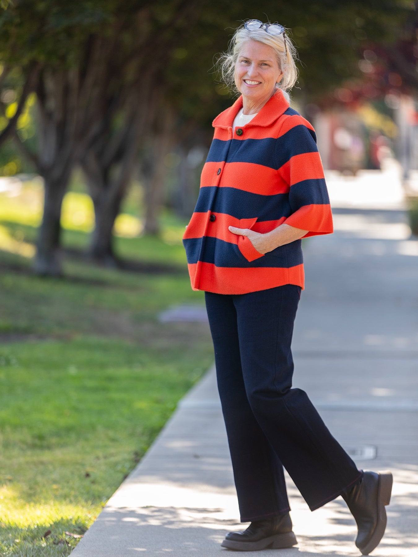 LIZZY coat Navy and Orange Stripe - Lesley Evers - coat - outerwear - Shop