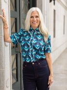 MANDY blouse Geo Tulip Blue - Lesley Evers - Blue - blue blouse - geo tulips