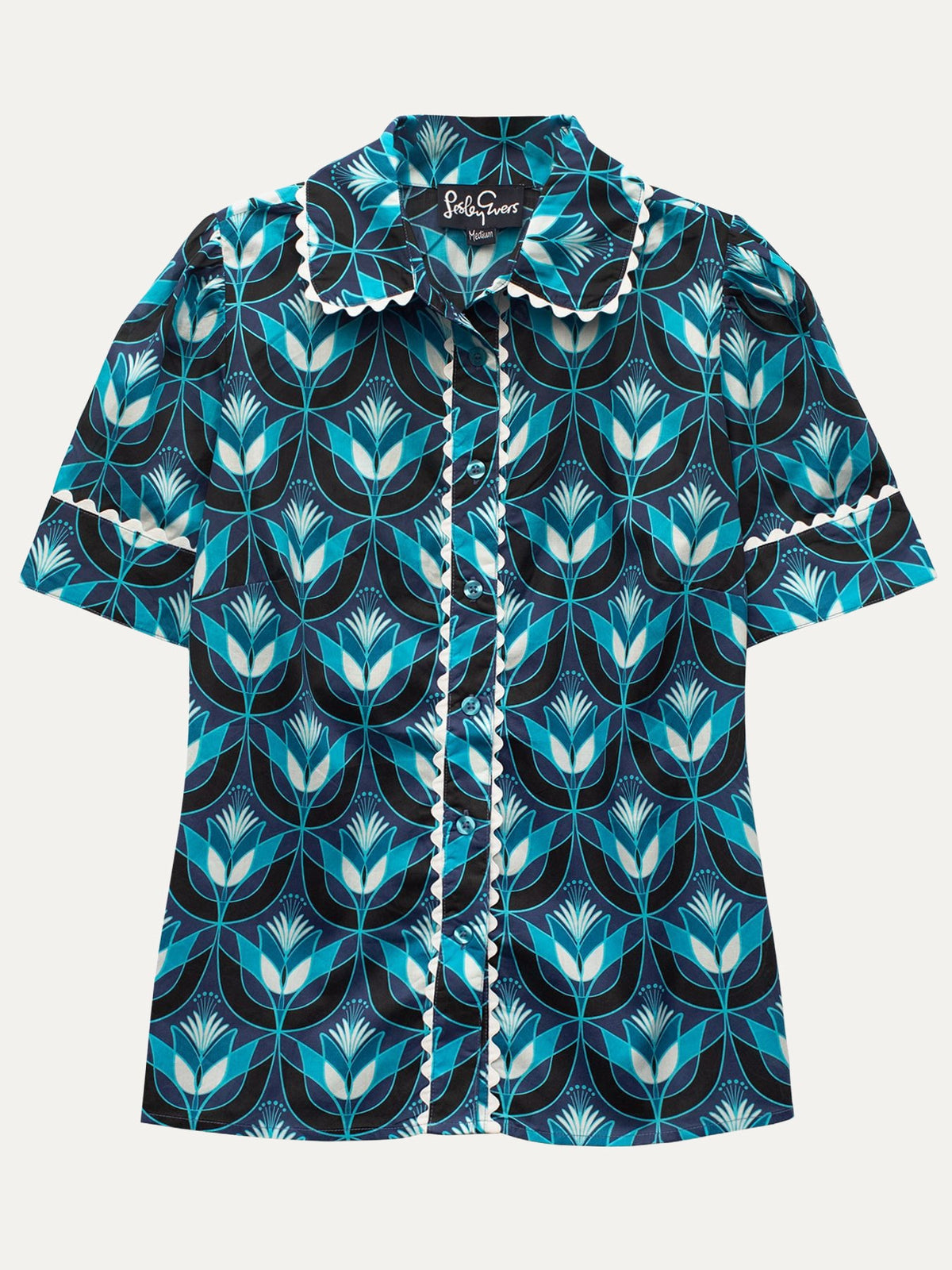 MANDY blouse Geo Tulip Blue - Lesley Evers-Blue-blue blouse-geo tulips