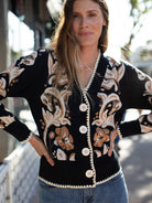 MARCI Cardigan Hibiscus Black - Lesley Evers-Blanket Stitch-Blue-marcy
