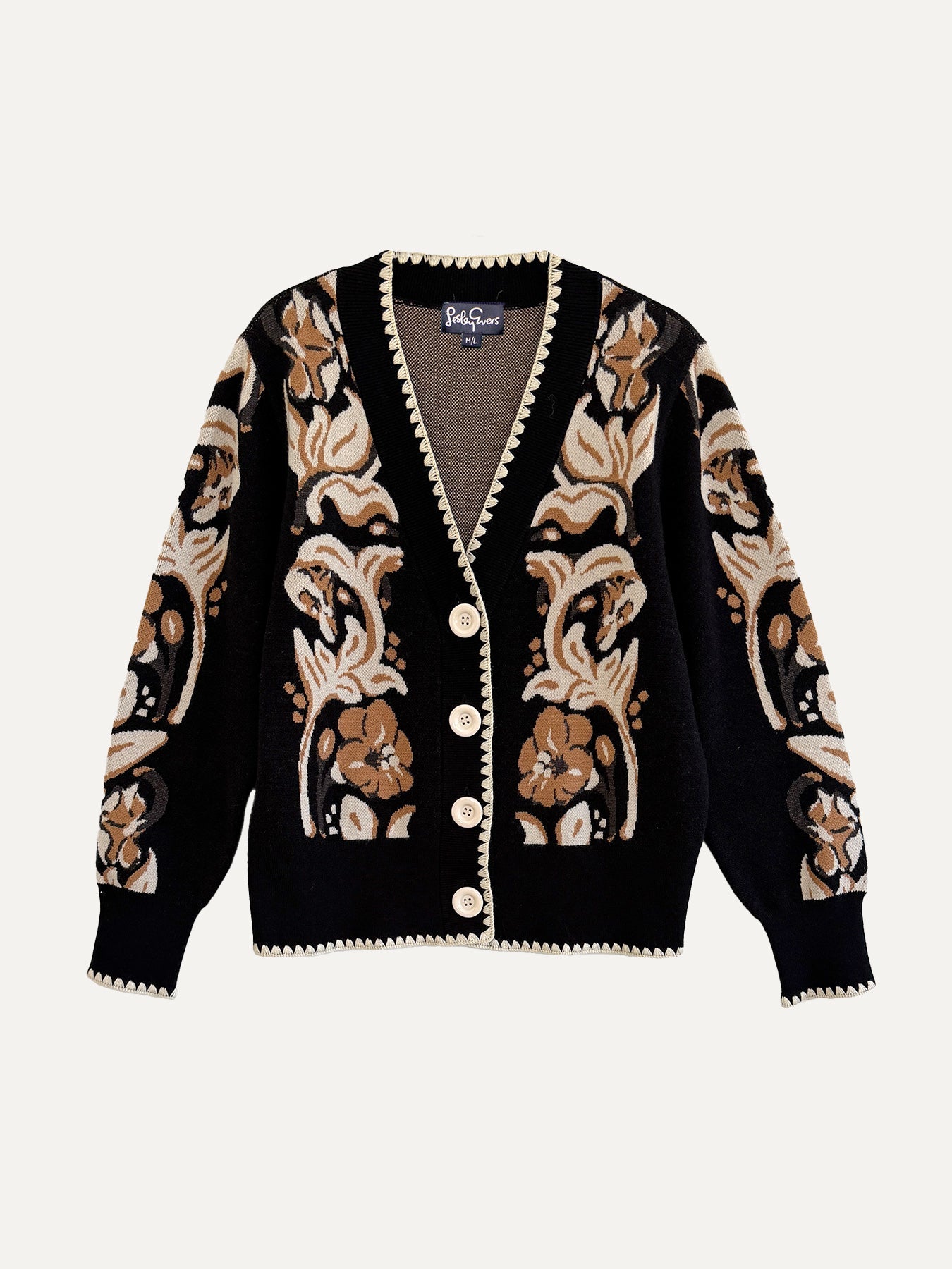 MARCI Cardigan Hibiscus Black - Lesley Evers-Blanket Stitch-Blue-marcy