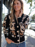 MARCI Cardigan Hibiscus Black - Lesley Evers-Blanket Stitch-Blue-marcy