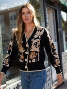MARCI Cardigan Hibiscus Black - Lesley Evers-Blanket Stitch-Blue-marcy